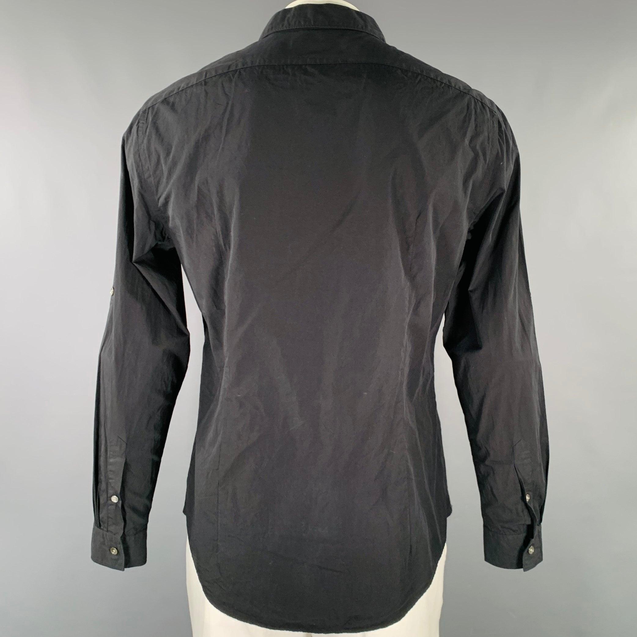 Men's JOHN VARVATOS Size L Black Cotton Roll Tabs One Pocket Long Sleeve Shirt For Sale