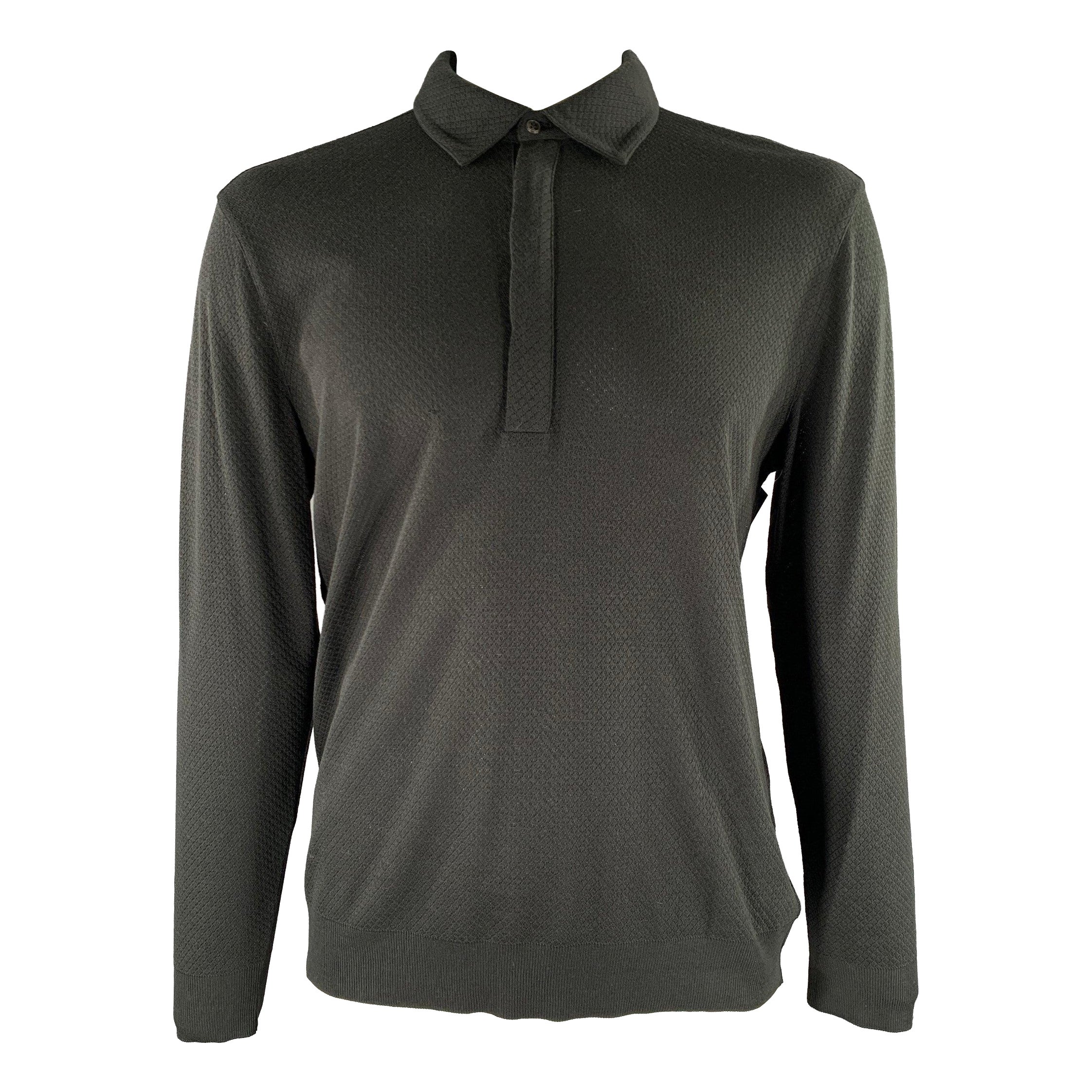 Pre-owned John Varvatos Size L Black Geometric Lyocel Cotton Long Sleeve Polo