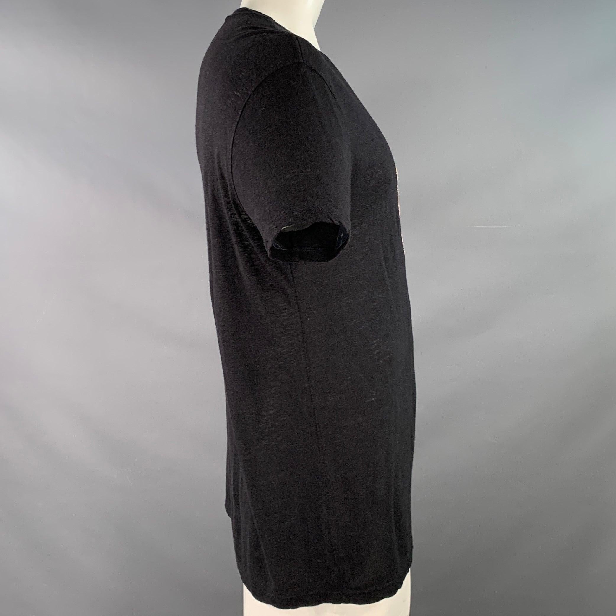 JOHN VARVATOS Größe L Schwarz Mehrfarben-Totenkopf-Stickerei Kurzarm-T-Shirt im Zustand „Gut“ im Angebot in San Francisco, CA