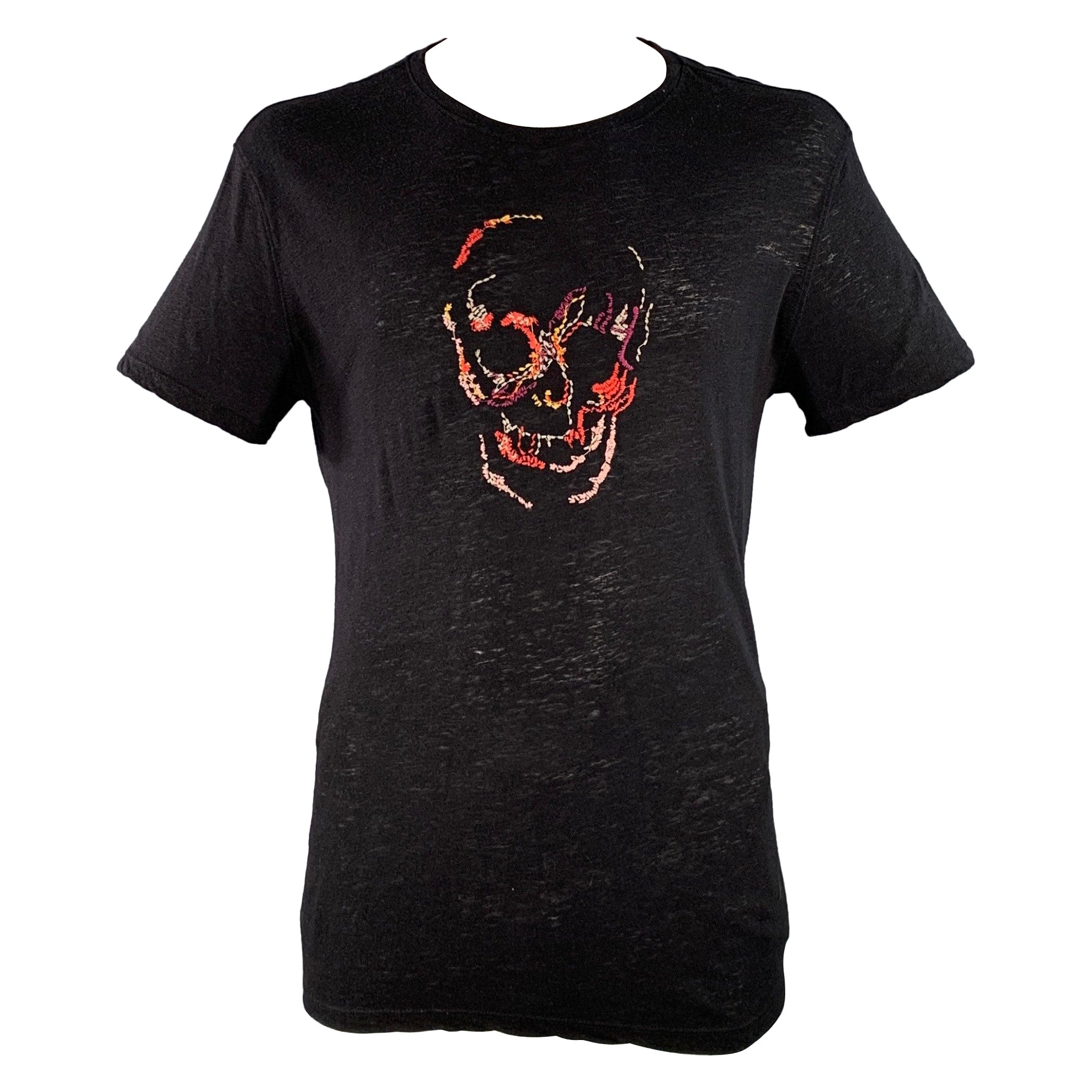 I.L.A. John Varvatos Size L Black Multi Color Skull Embroidery Short Sleeve T-shirt à manches courtes