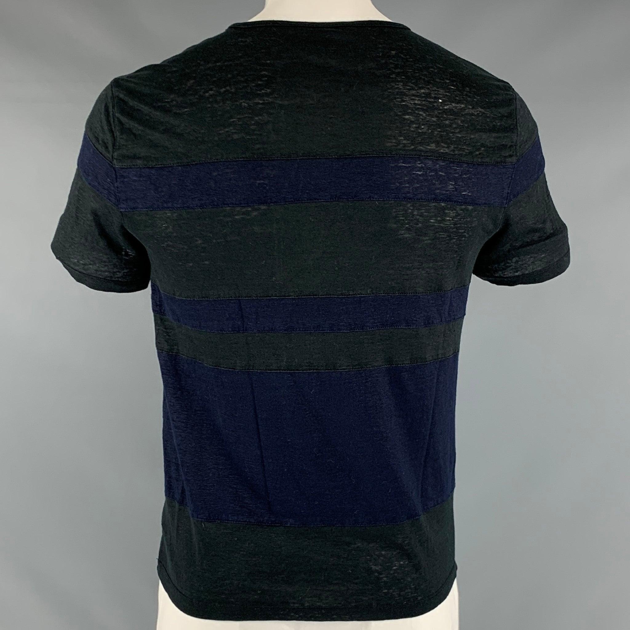 JOHN VARVATOS Size L Black Navy Stripe Linen Short Sleeve T-shirt In Good Condition For Sale In San Francisco, CA