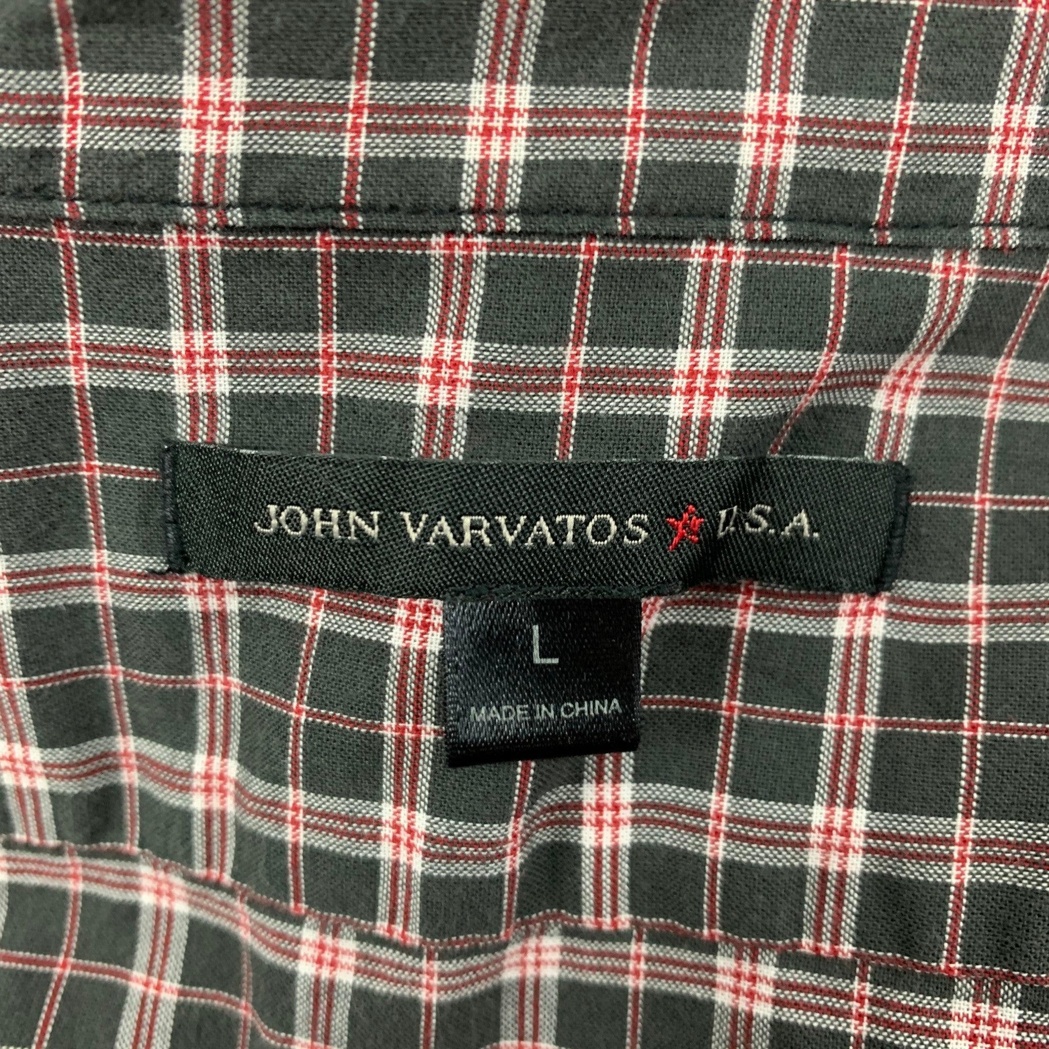 JOHN VARVATOS Size L Black Red Plaid Cotton Long Sleeve Shirt For Sale 1