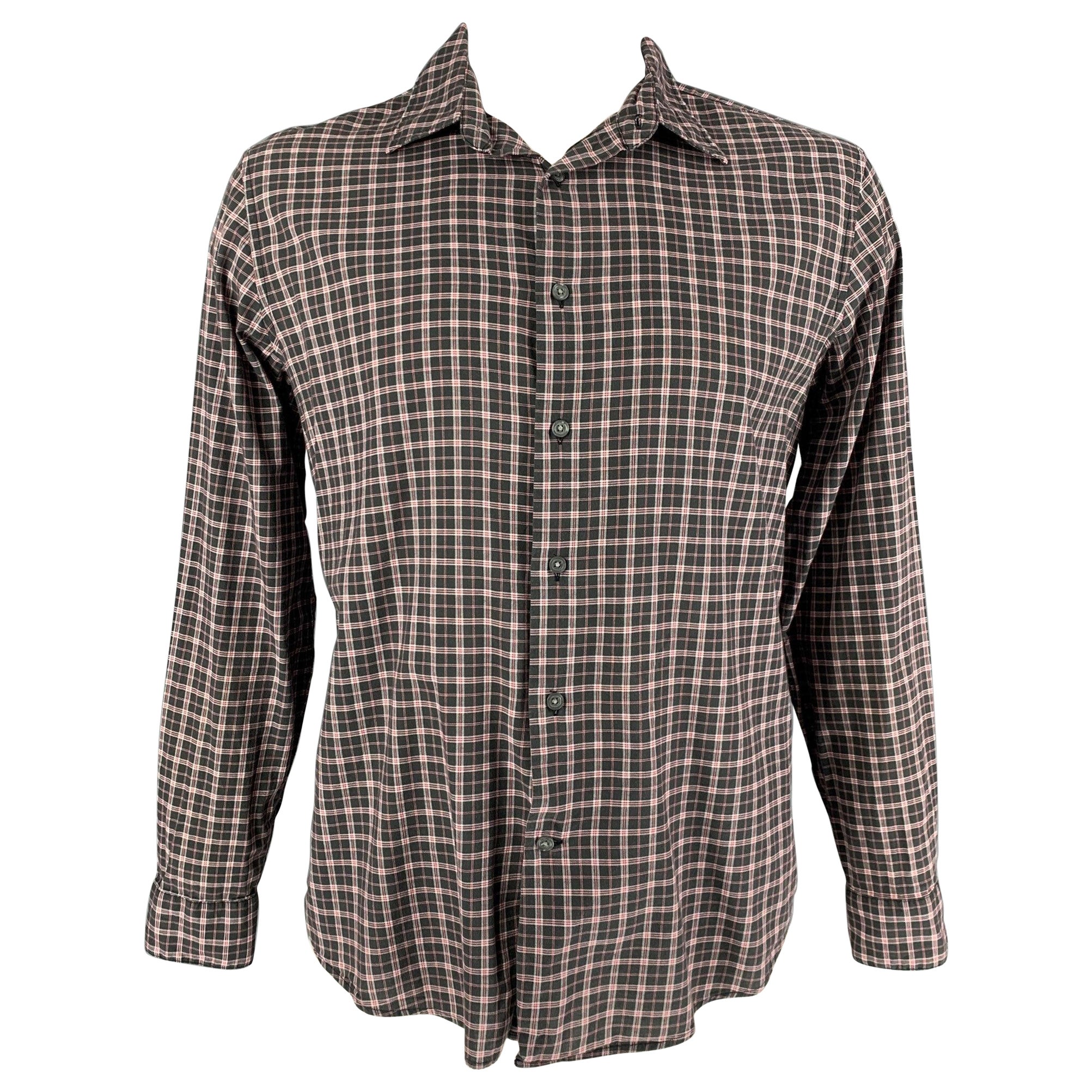 JOHN VARVATOS - Chemise à manches longues en coton à carreaux noirs et rouges, taille L