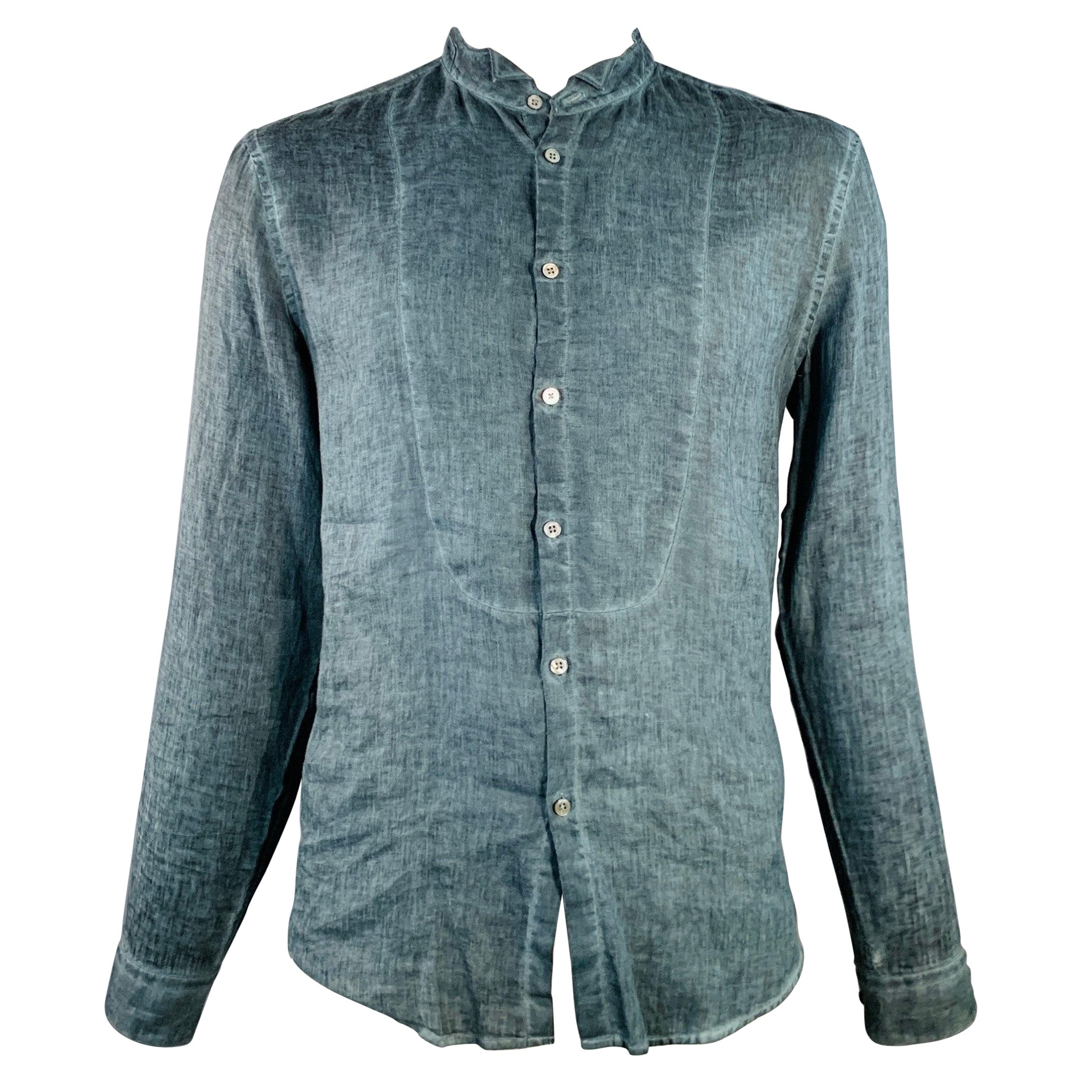 JOHN VARVATOS - Camicia a maniche lunghe in lino tinto blu Taglia L