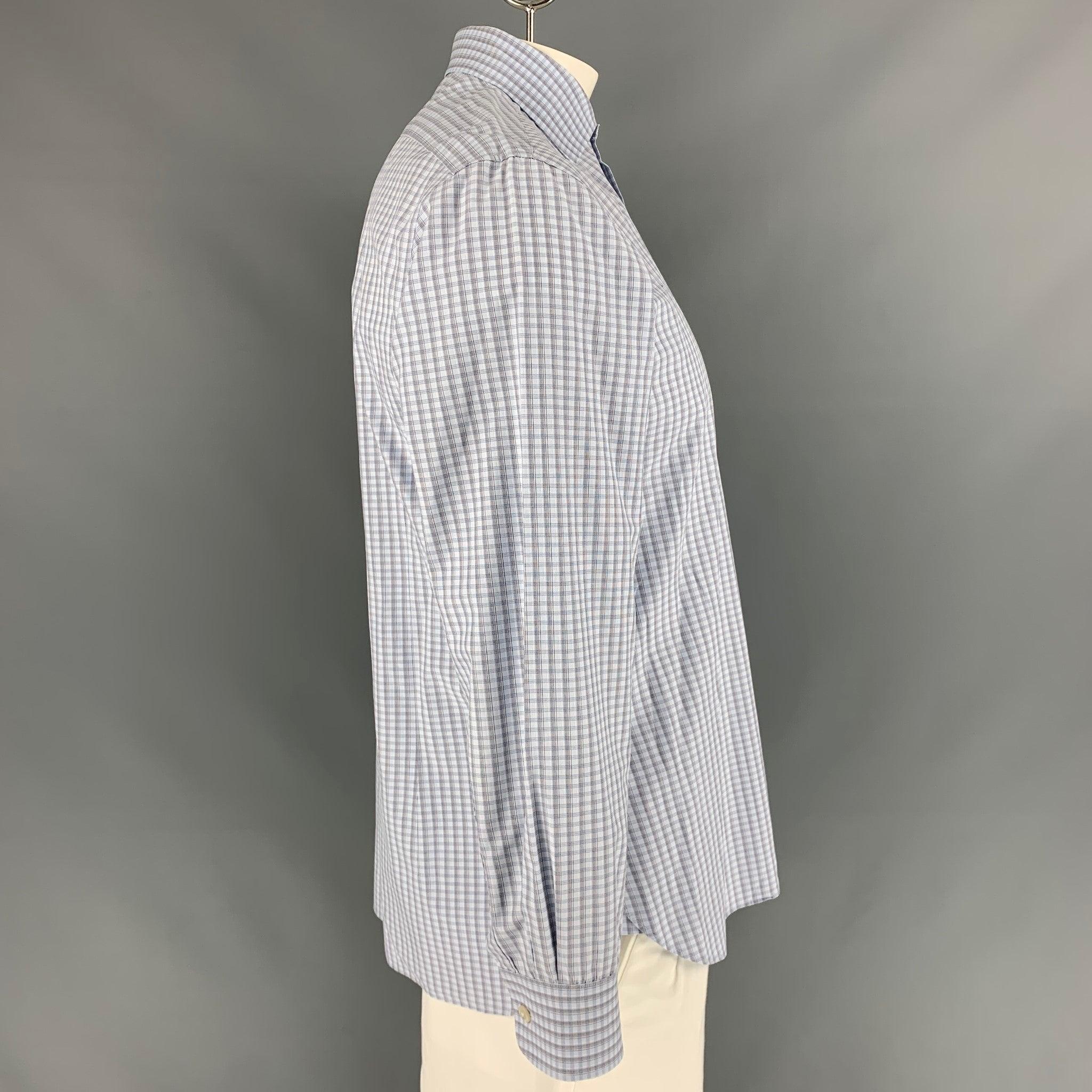 JOHN VARVATOS 'Slim Fit' Long sleeve shirt comes in blue and grey plaid cotton featuring a cutaway collar, one round cuff, and button up closure. Very Good Pre-Owned Condition. Fabric Tag Removed. 

Marked:   32/33-16.5 

Measurements: 
 
Shoulder: