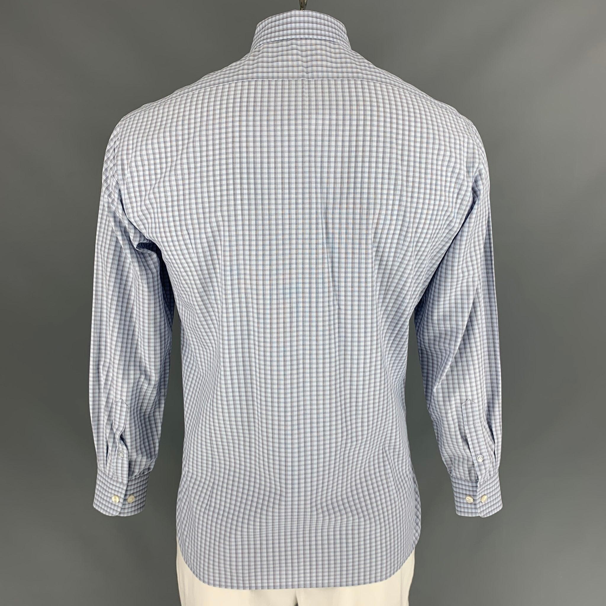 JOHN VARVATOS Size L Blue & Grey Plaid Cotton Button Down Long Sleeve Shirt In Good Condition For Sale In San Francisco, CA