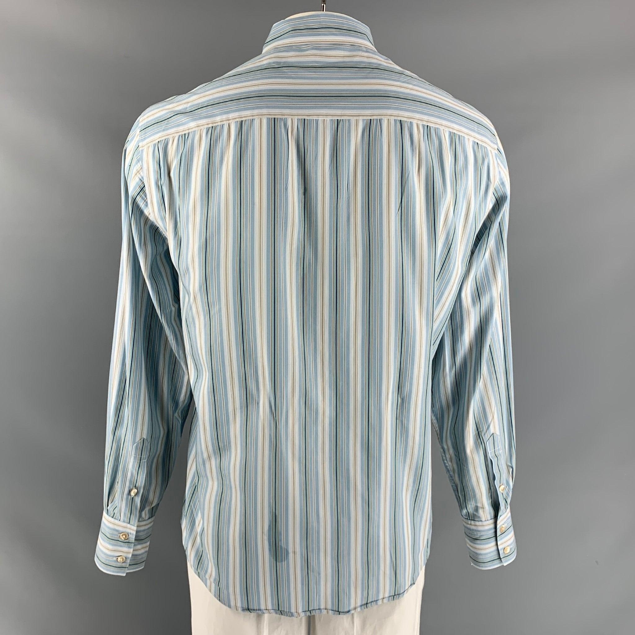 JOHN VARVATOS Size L Blue & Taupe Stripe Cotton Button Down Long Sleeve Shirt In Excellent Condition For Sale In San Francisco, CA