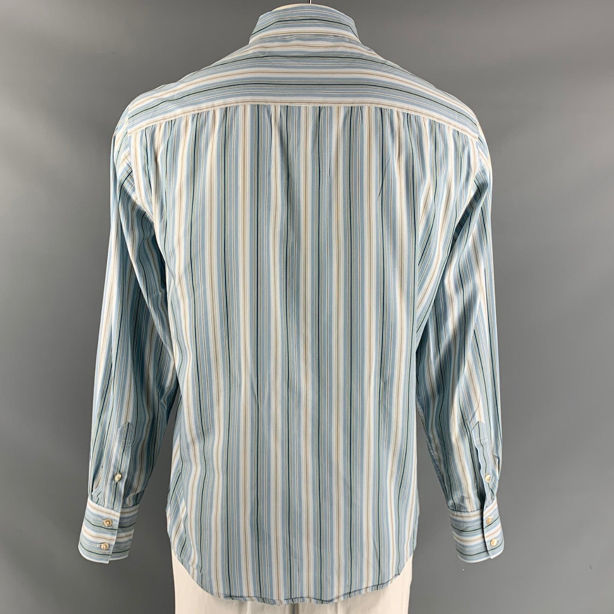 Men's JOHN VARVATOS Size L Blue & Taupe Stripe Cotton Button Down Long Sleeve Shirt For Sale