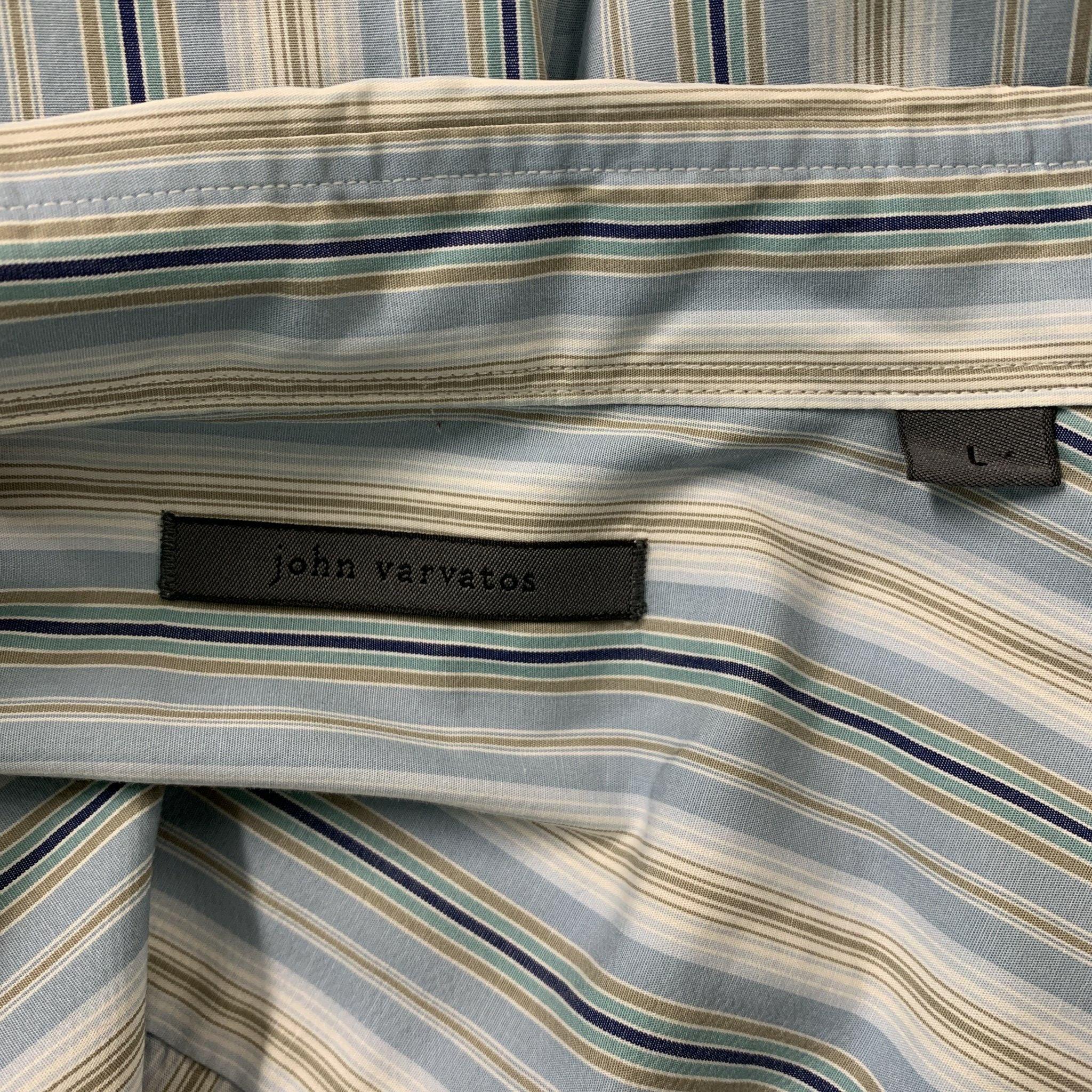 JOHN VARVATOS Size L Blue & Taupe Stripe Cotton Button Down Long Sleeve Shirt For Sale 1