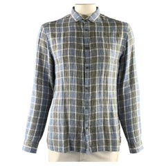 JOHN VARVATOS, Größe L, blau-weiß-schwarzes Karohemd mit spitzem Kragen und langen Ärmeln