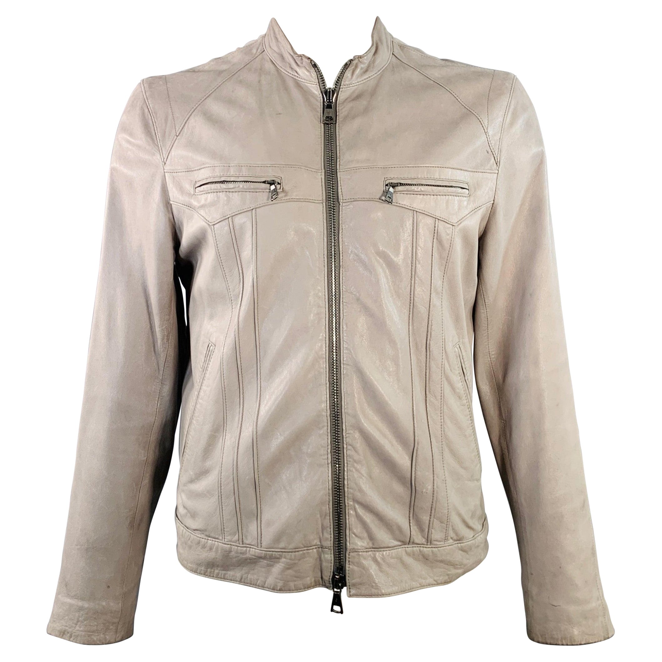 JOHN VARVATOS Size L Grey Leather Zip Up Moto Racer Jacket For Sale