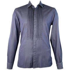 John Varvatos Taglia L Grigio Camicia a maniche lunghe in cotone plissettato con polsino francese e abbottonatura nascosta