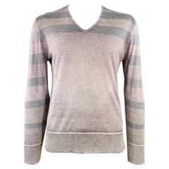 JOHN VARVATOS Size L Grey Purple Stripe Silk Cashmere V-Neck Pullover JOHN VARVATOS Size L Grey Purple Stripe Silk Cashmere V-Neck Pullover