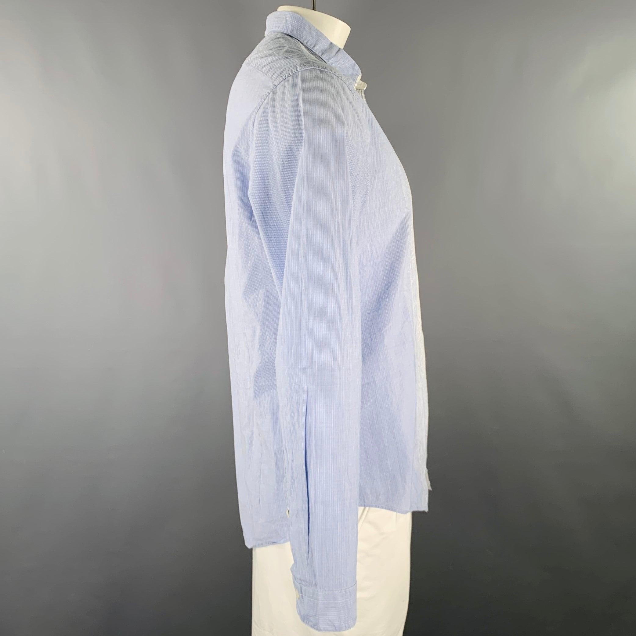 JOHN VARVATOS long sleeve shirt in a light blue and white cotton linen woven blend fabric featuring a stripe pattern, one pocket, and button closure.Excellent Pre-Owned Condition. 

Marked:   L 

Measurements: 
 
Shoulder: 18.5 inches Chest: 42