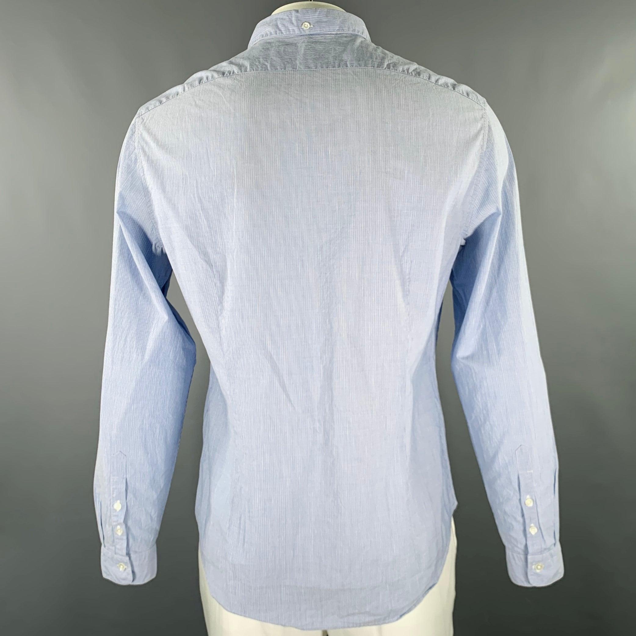 Gray JOHN VARVATOS Size L Light Blue White Stripe Cotton Linen Long Sleeve Shirt For Sale