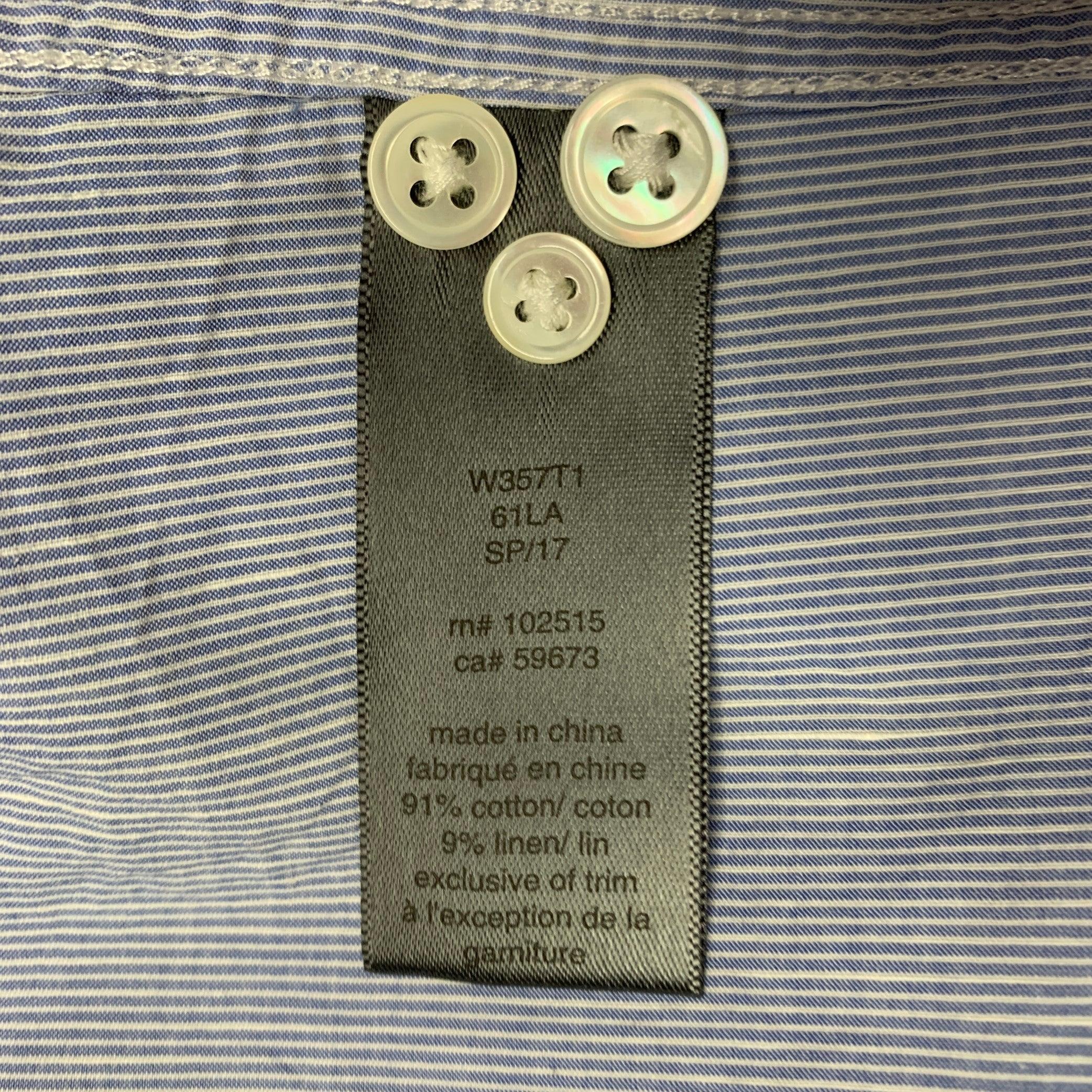 Men's JOHN VARVATOS Size L Light Blue White Stripe Cotton Linen Long Sleeve Shirt For Sale