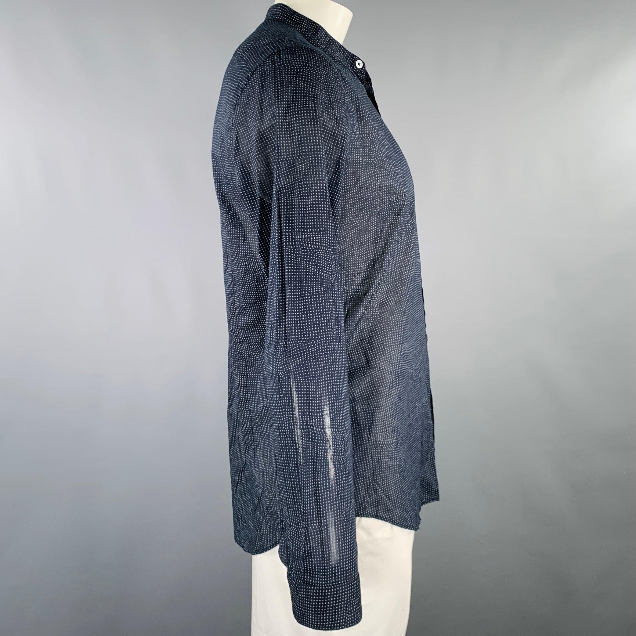 Black JOHN VARVATOS Size L Navy Grey Cross Cotton Collarless Long Sleeve Shirt For Sale