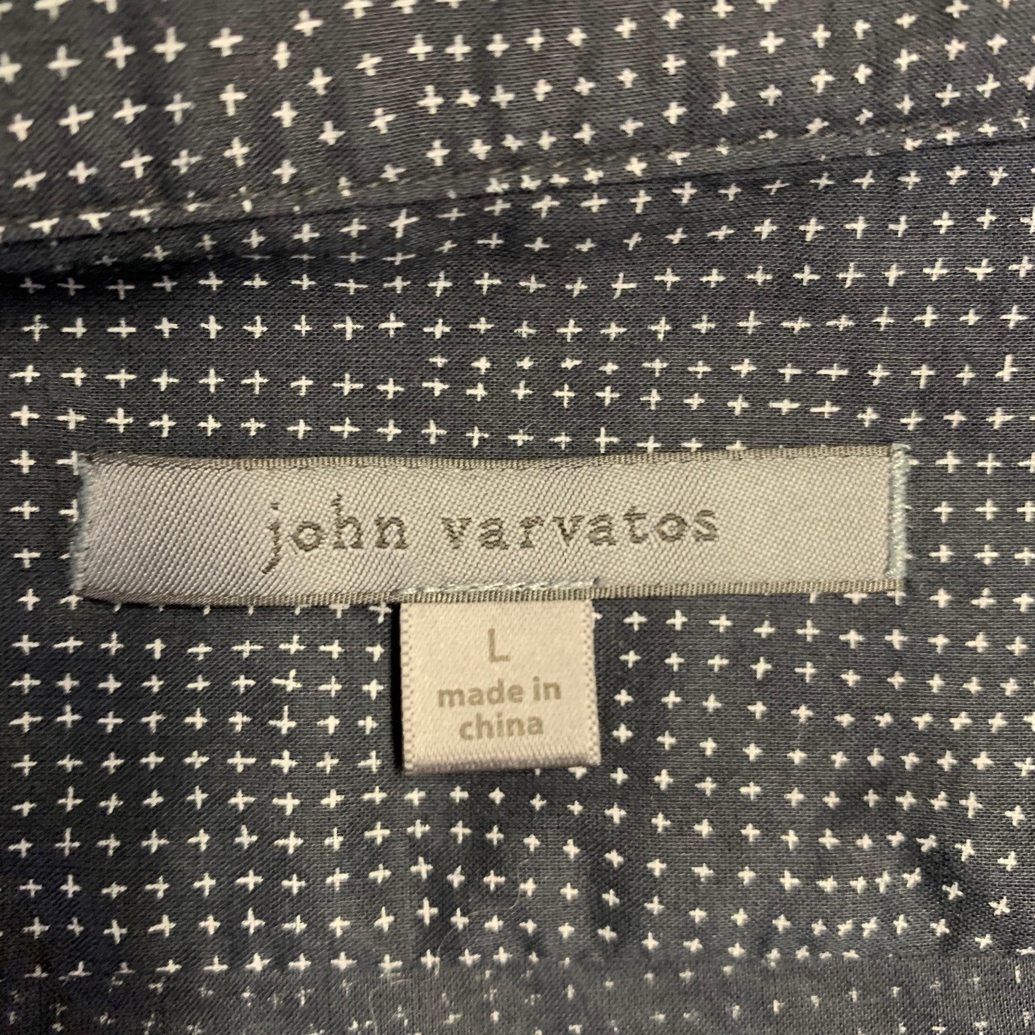 Men's JOHN VARVATOS Size L Navy Grey Cross Cotton Collarless Long Sleeve Shirt For Sale