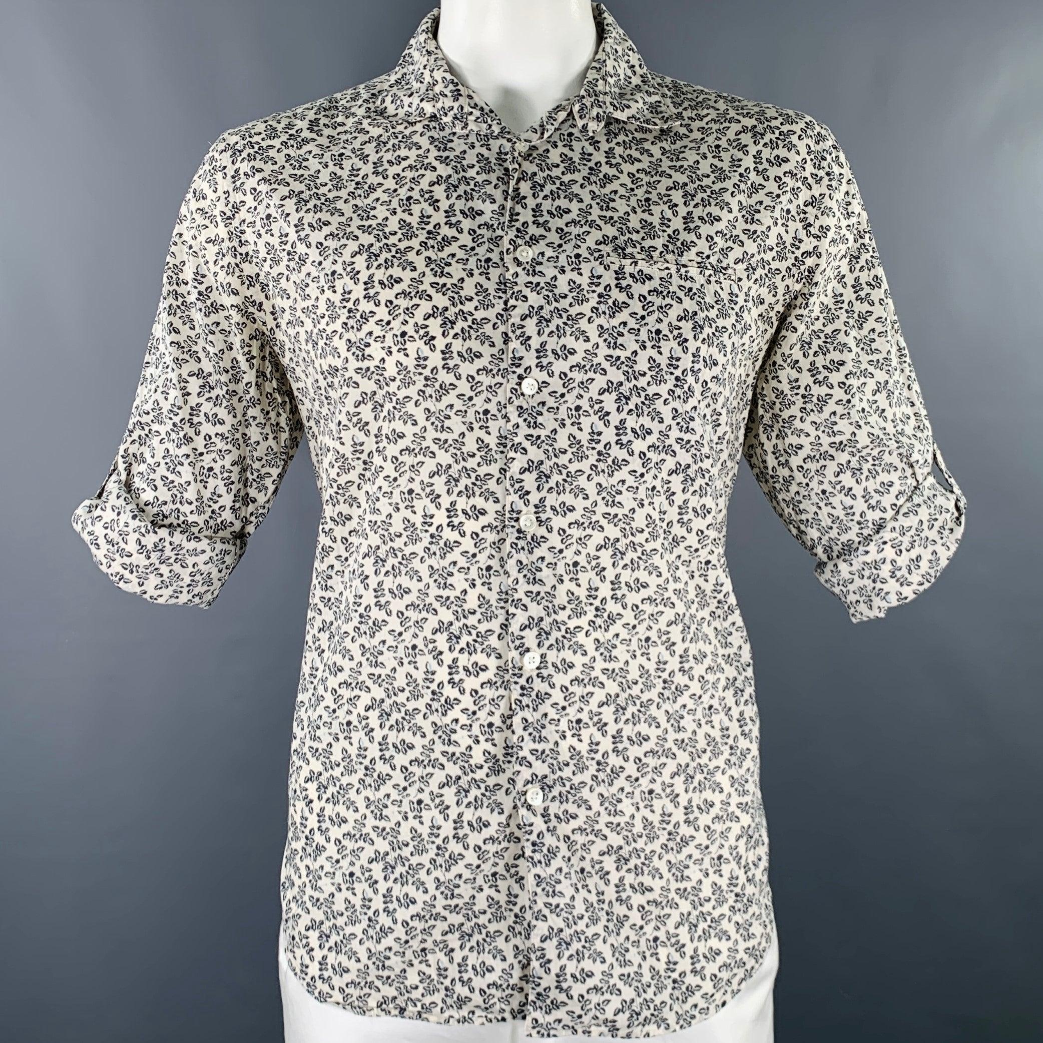Gray JOHN VARVATOS Size L Off White Navy Leaves Cotton One Pocket Long Sleeve Shirt For Sale