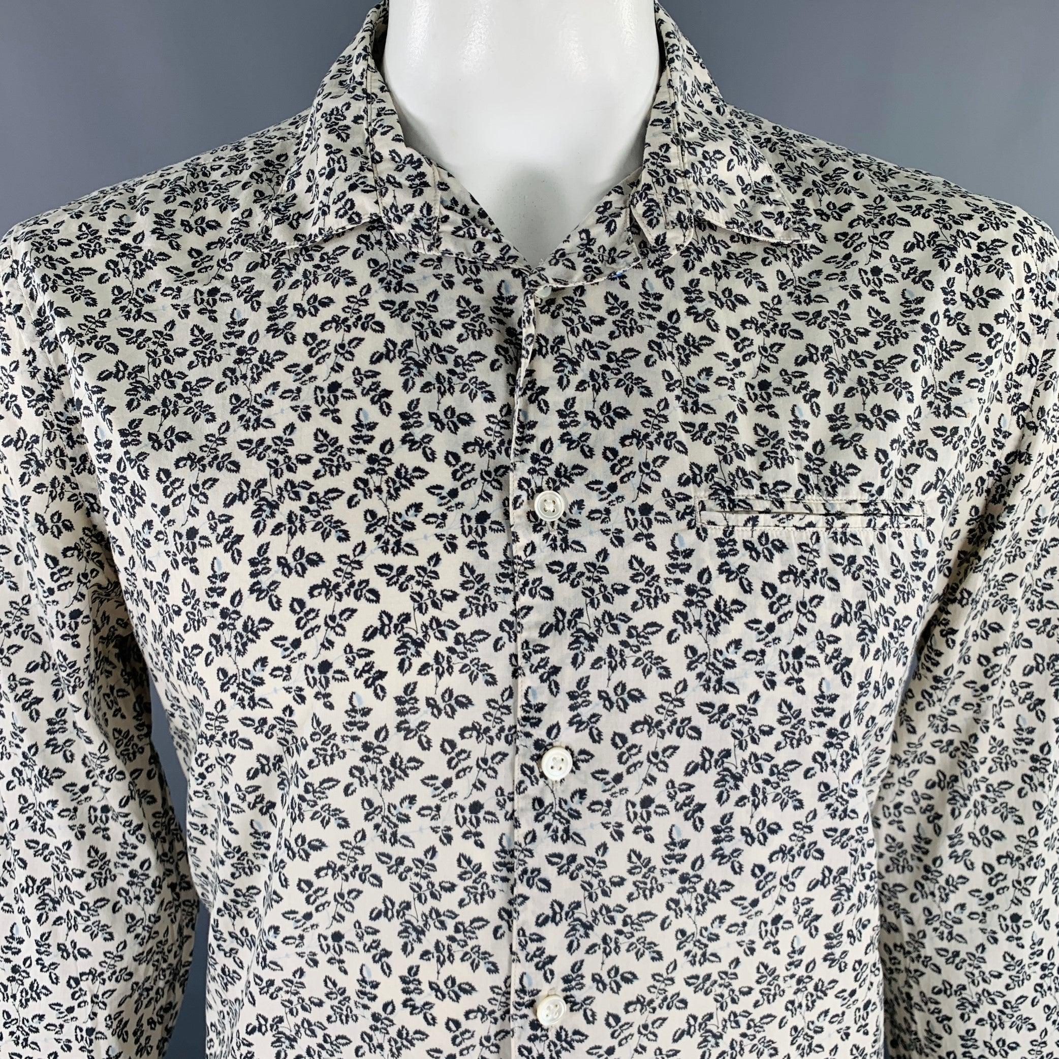 JOHN VARVATOS Size L Off White Navy Leaves Cotton One Pocket Long Sleeve Shirt In Excellent Condition For Sale In San Francisco, CA