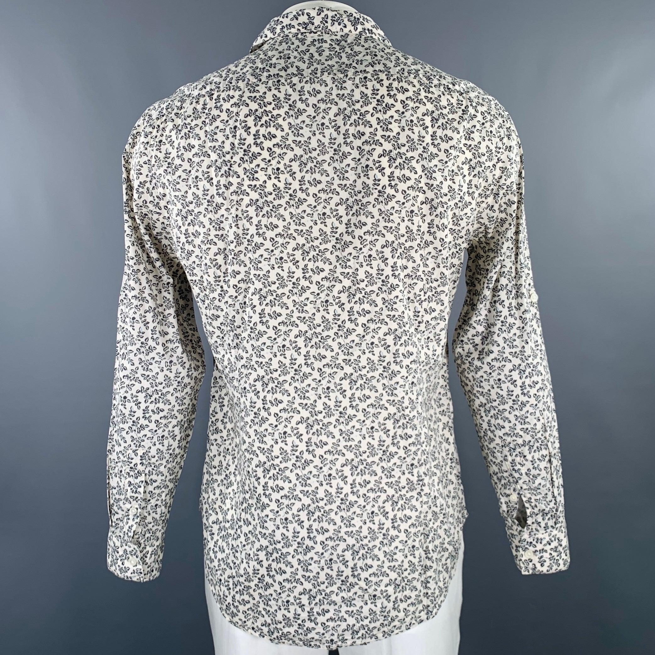JOHN VARVATOS Größe L Off-White Navy Leaves Cotton One Pocket Long Sleeve Shirt im Angebot 1