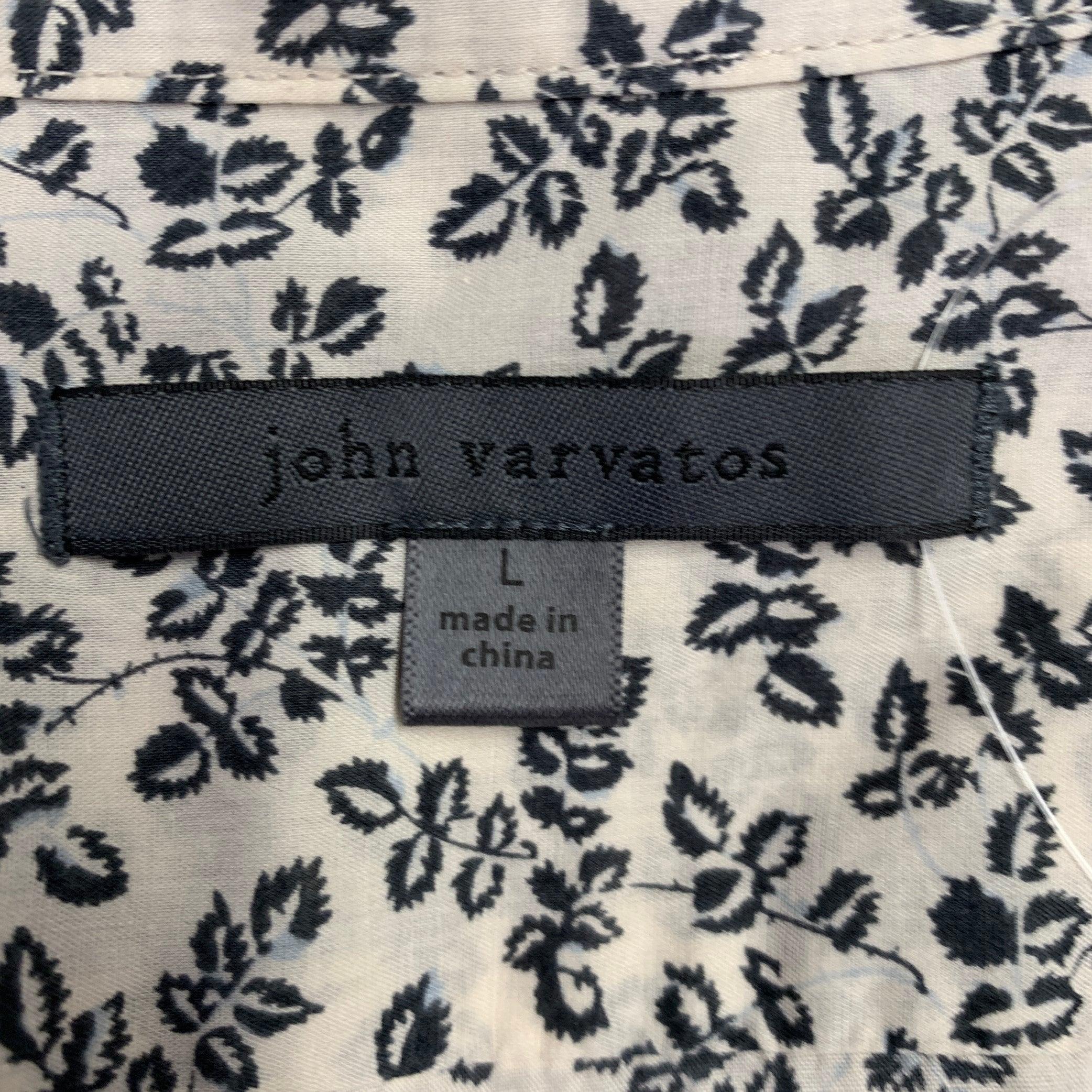JOHN VARVATOS Size L Off White Navy Leaves Cotton One Pocket Long Sleeve Shirt For Sale 2
