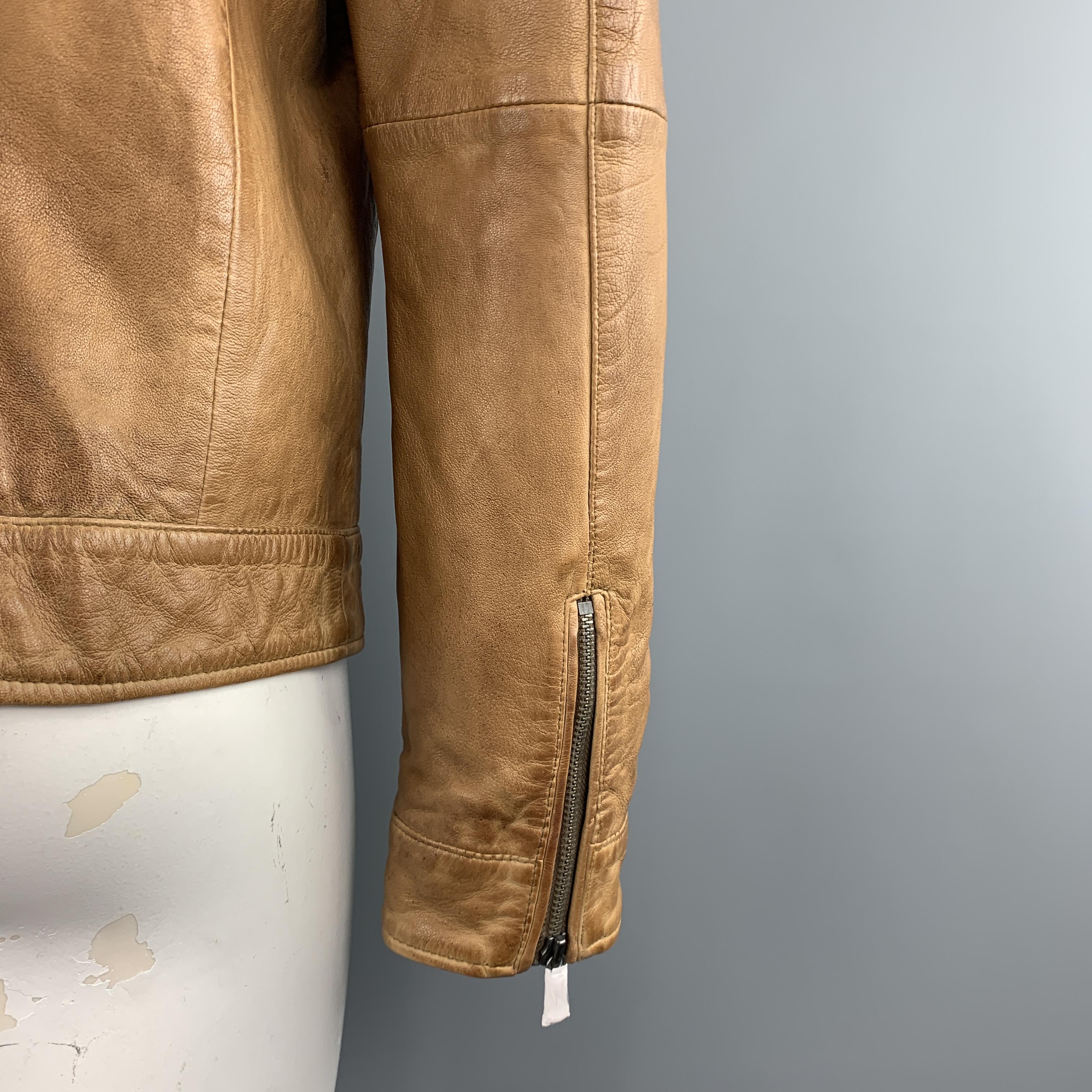 Brown JOHN VARVATOS Size L Tan Distressed Leather Zip Up Collared Jacket