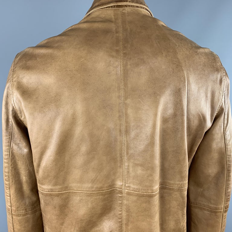 JOHN VARVATOS Size L Tan Distressed Leather Zip Up Collared Jacket at