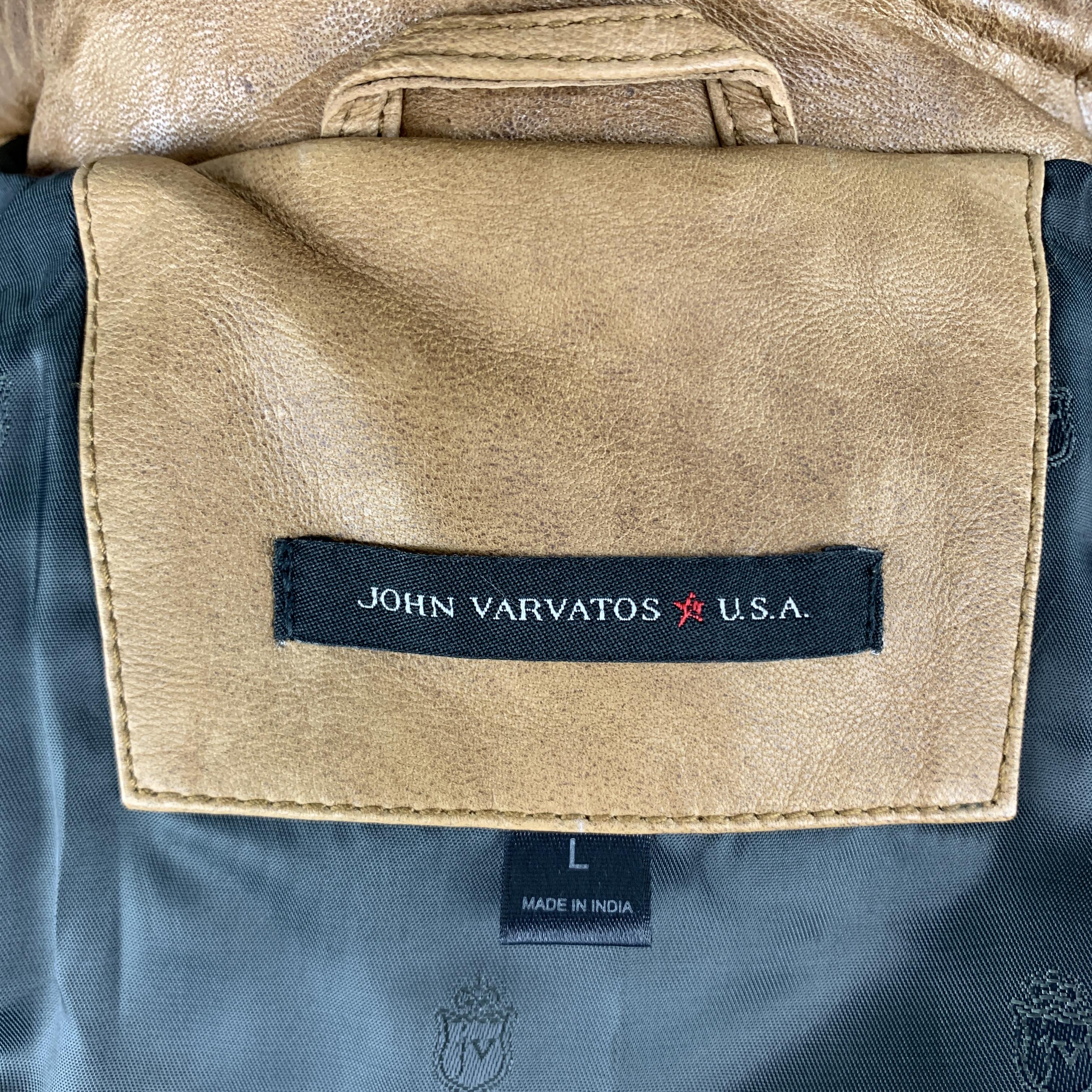 Men's JOHN VARVATOS Size L Tan Distressed Leather Zip Up Collared Jacket