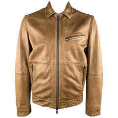 JOHN VARVATOS Size L Tan Distressed Leather Zip Up Collared Jacket