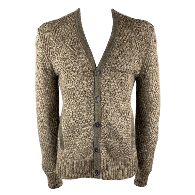 JOHN VARVATOS Size L Taupe Knitted Wool Blend Trim See Through Cardigan ...