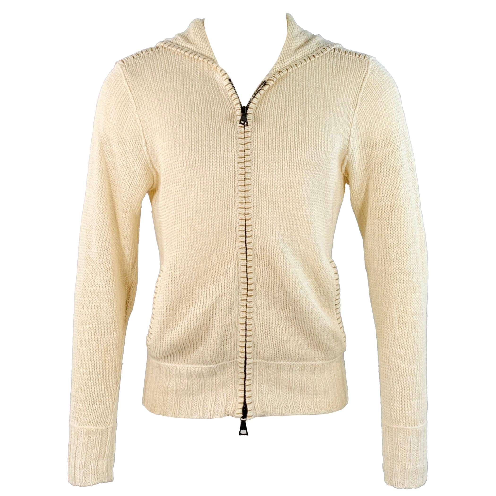JOHN VARVATOS Cardigan con cappuccio in maglia di lino beige taglia M in vendita