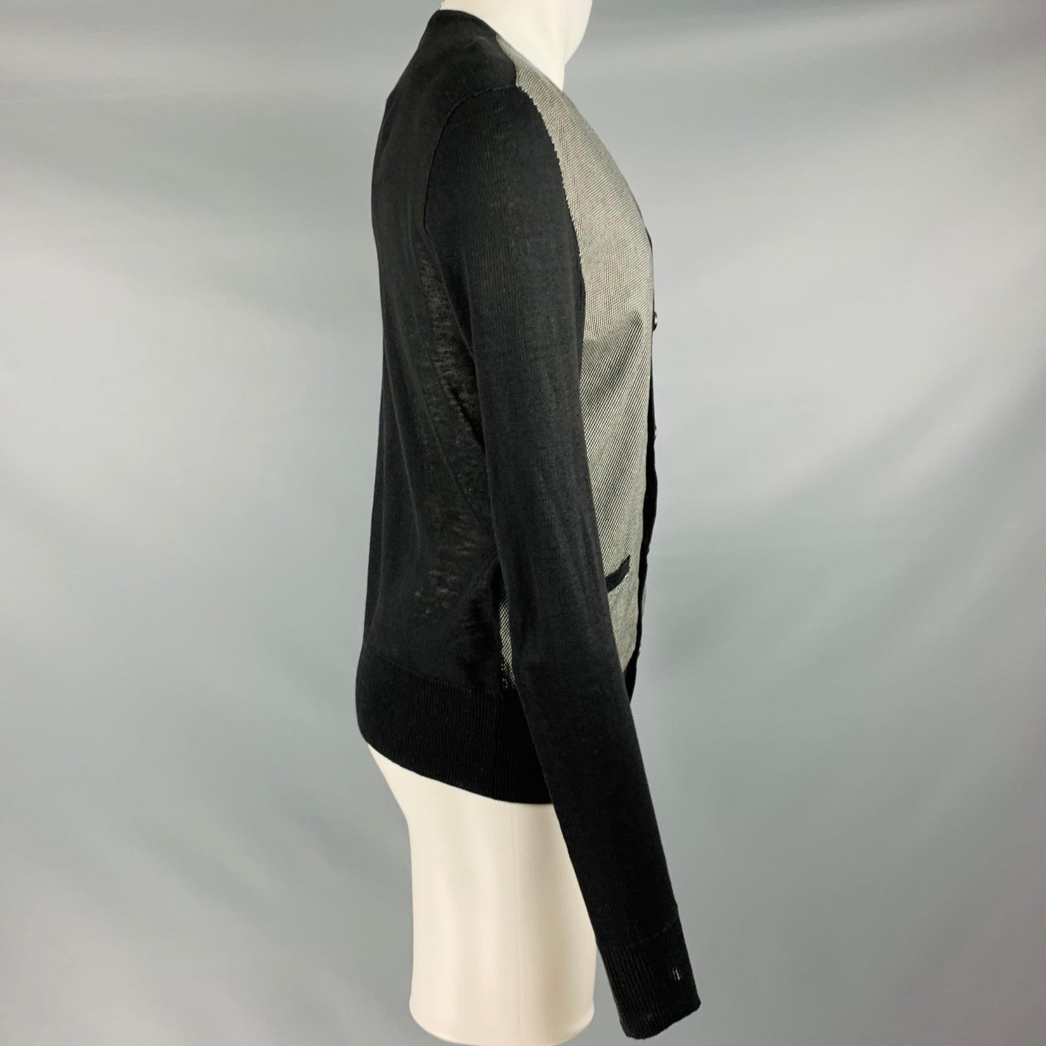 JOHN VARVATOS Size M Black White Nailhead Linen V-Neck Cardigan In Good Condition For Sale In San Francisco, CA