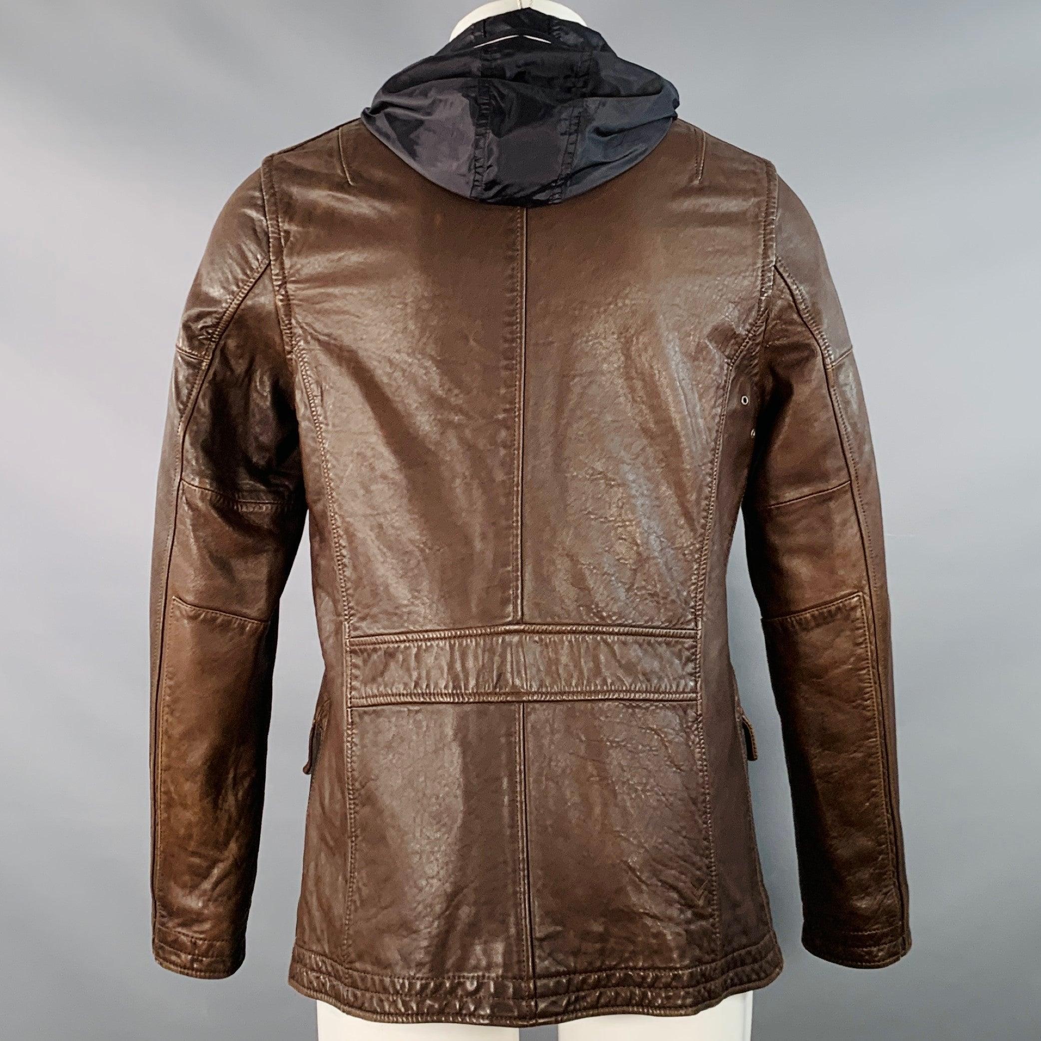 JOHN VARVATOS Talla M Marrón Negro Piel Chaqueta con capucha dos bolsillos en Bueno estado para la venta en San Francisco, CA