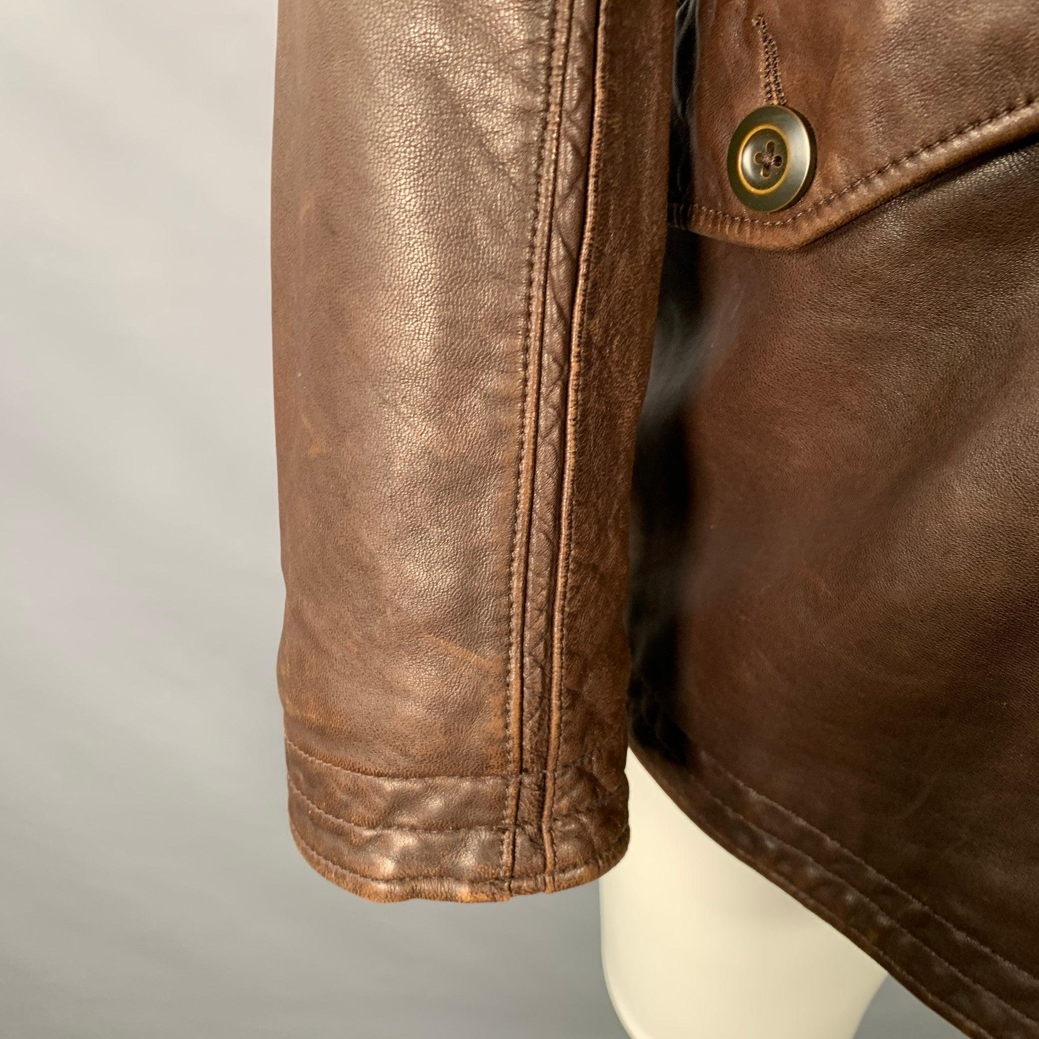JOHN VARVATOS Talla M Marrón Negro Piel Chaqueta con capucha dos bolsillos en venta 1