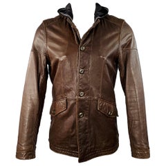 JOHN VARVATOS Talla M Marrón Negro Piel Chaqueta con capucha dos bolsillos