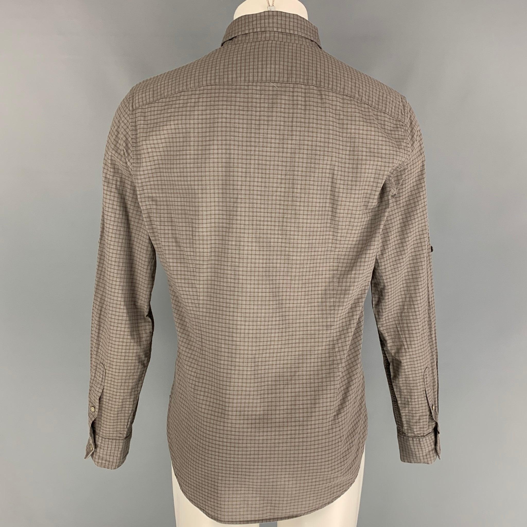 JOHN VARVATOS Size M Brown Checkered Cotton Long Sleeve Shirt In Good Condition For Sale In San Francisco, CA