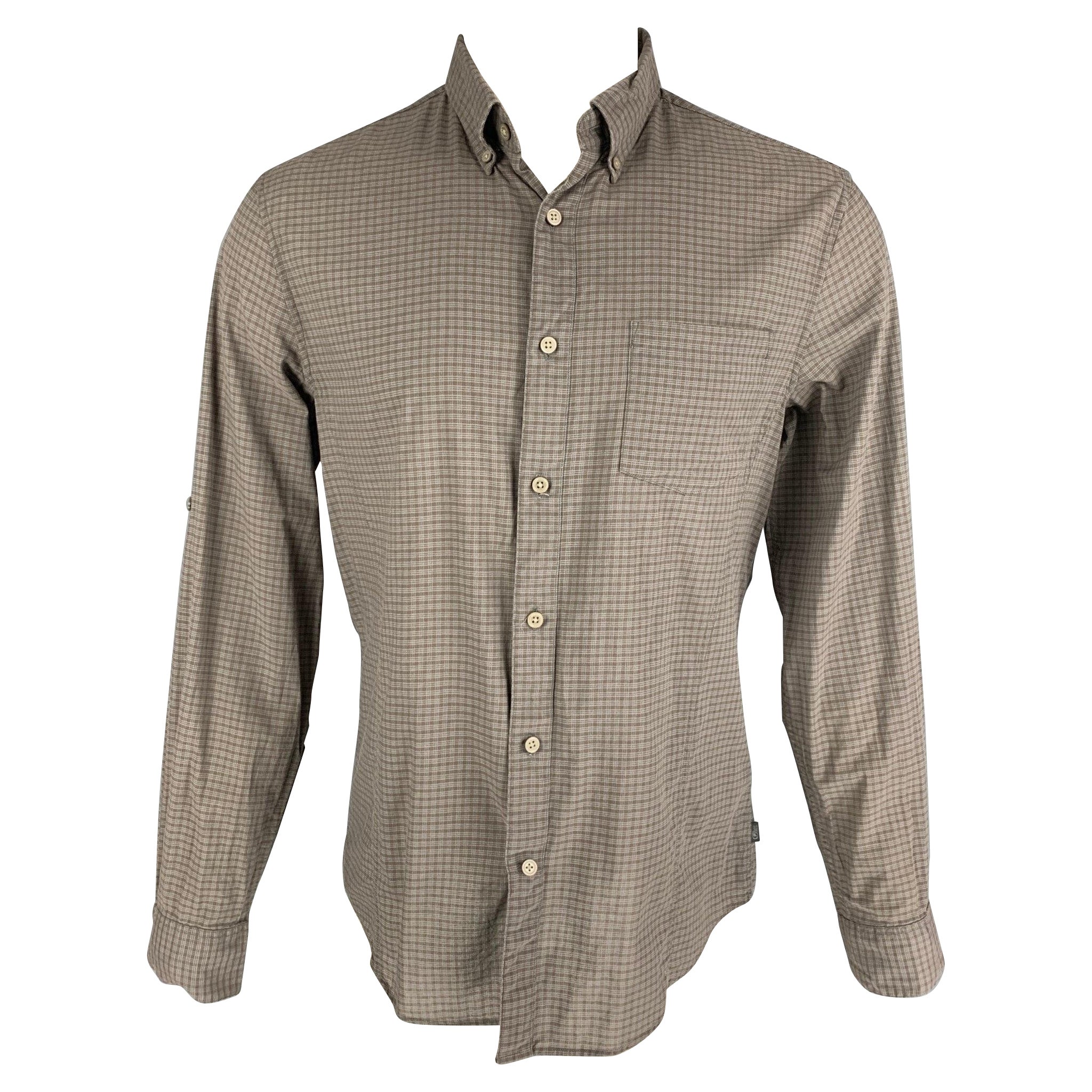 JOHN VARVATOS - Camicia a maniche lunghe in cotone a scacchi di colore marrone, taglia M.