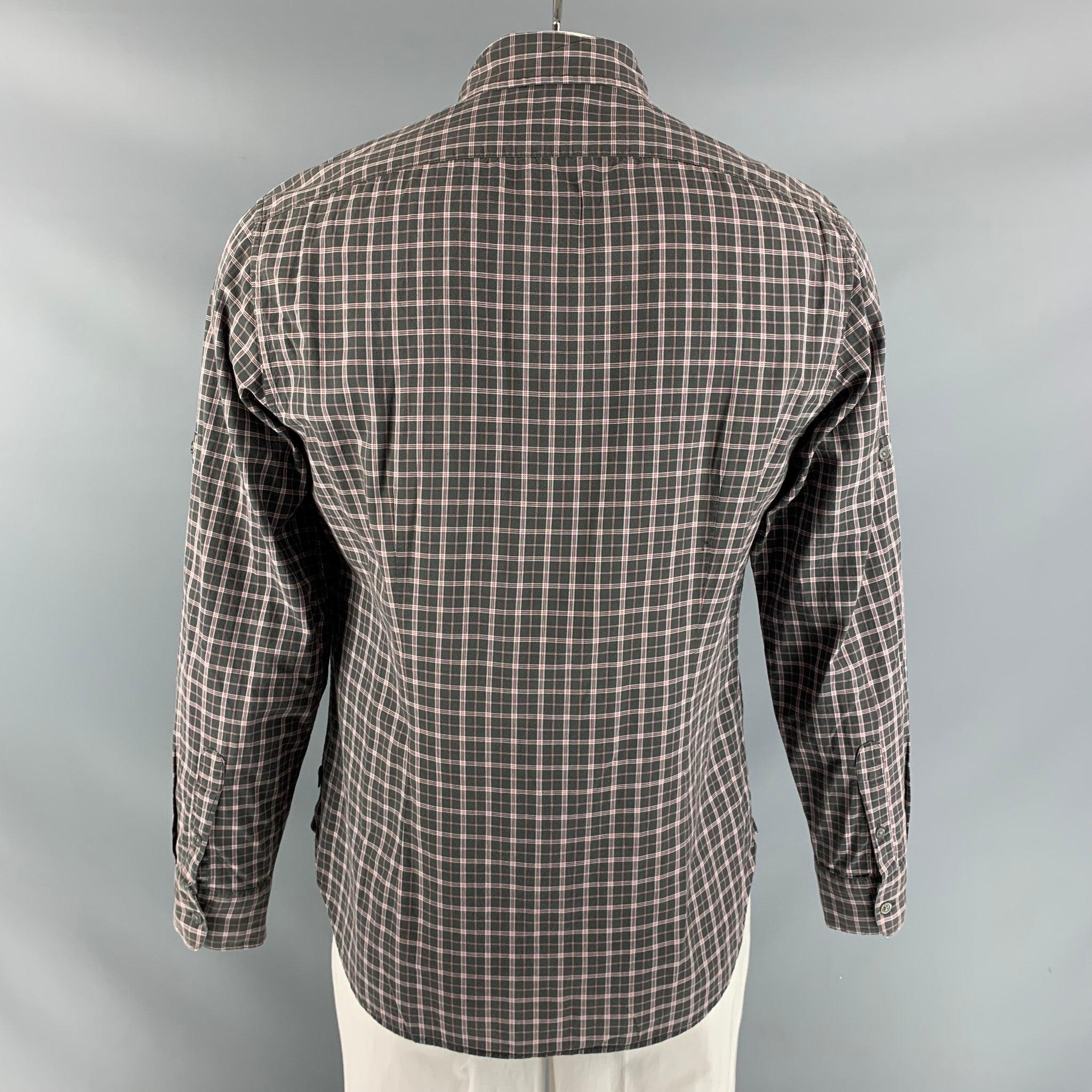 JOHN VARVATOS Size M Charcoal & Red Plaid Cotton Button Down Long Sleeve Shirt In Excellent Condition For Sale In San Francisco, CA