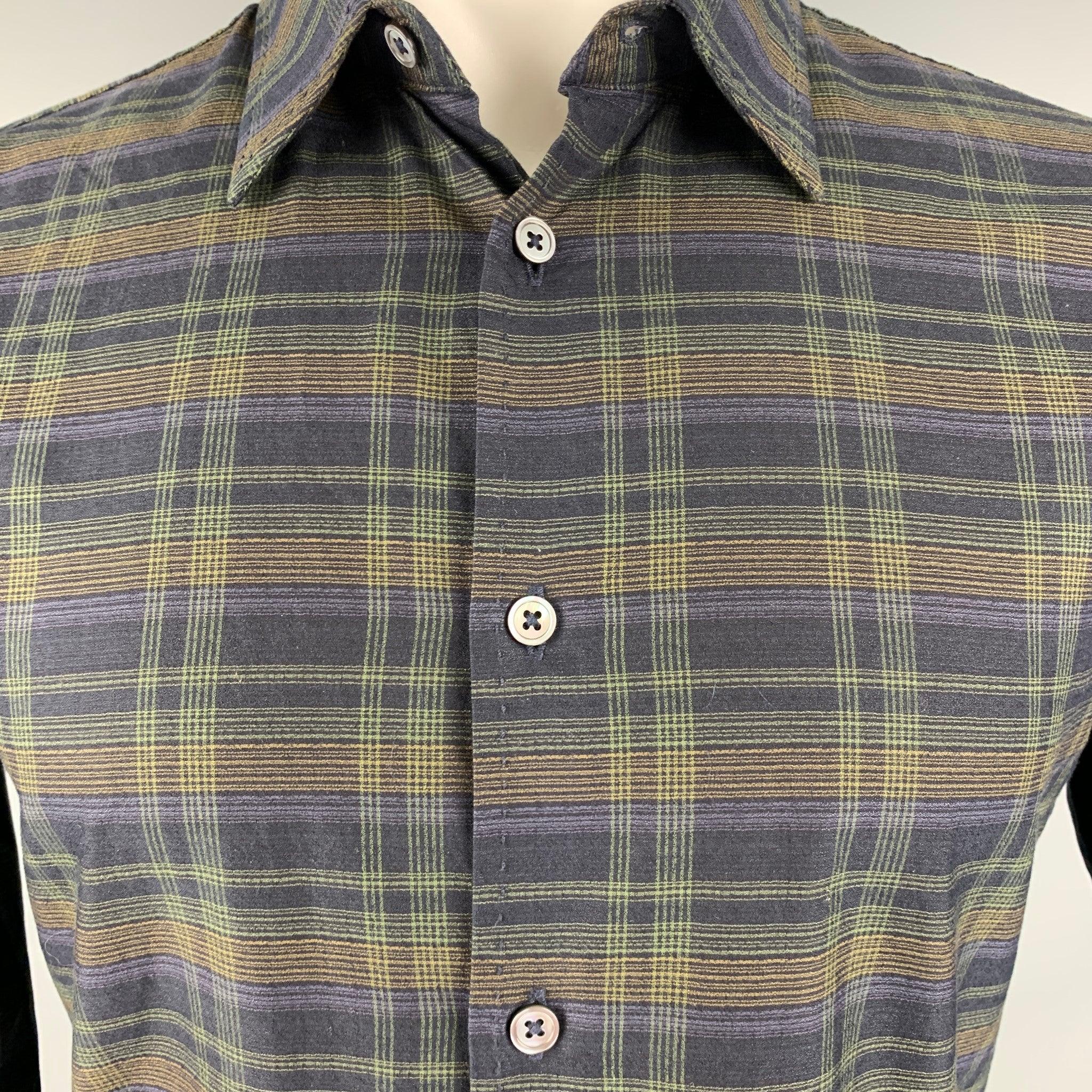 JOHN VARVATOS
long sleeve shirt in a black and green cotton fabric featuring all over plaid pattern, spread collar, and button closure.Excellent Pre-Owned Condition. 

Marked:   S 

Measurements: 
 
Shoulder: 18.5 inches Chest: 39 inches Sleeve:
