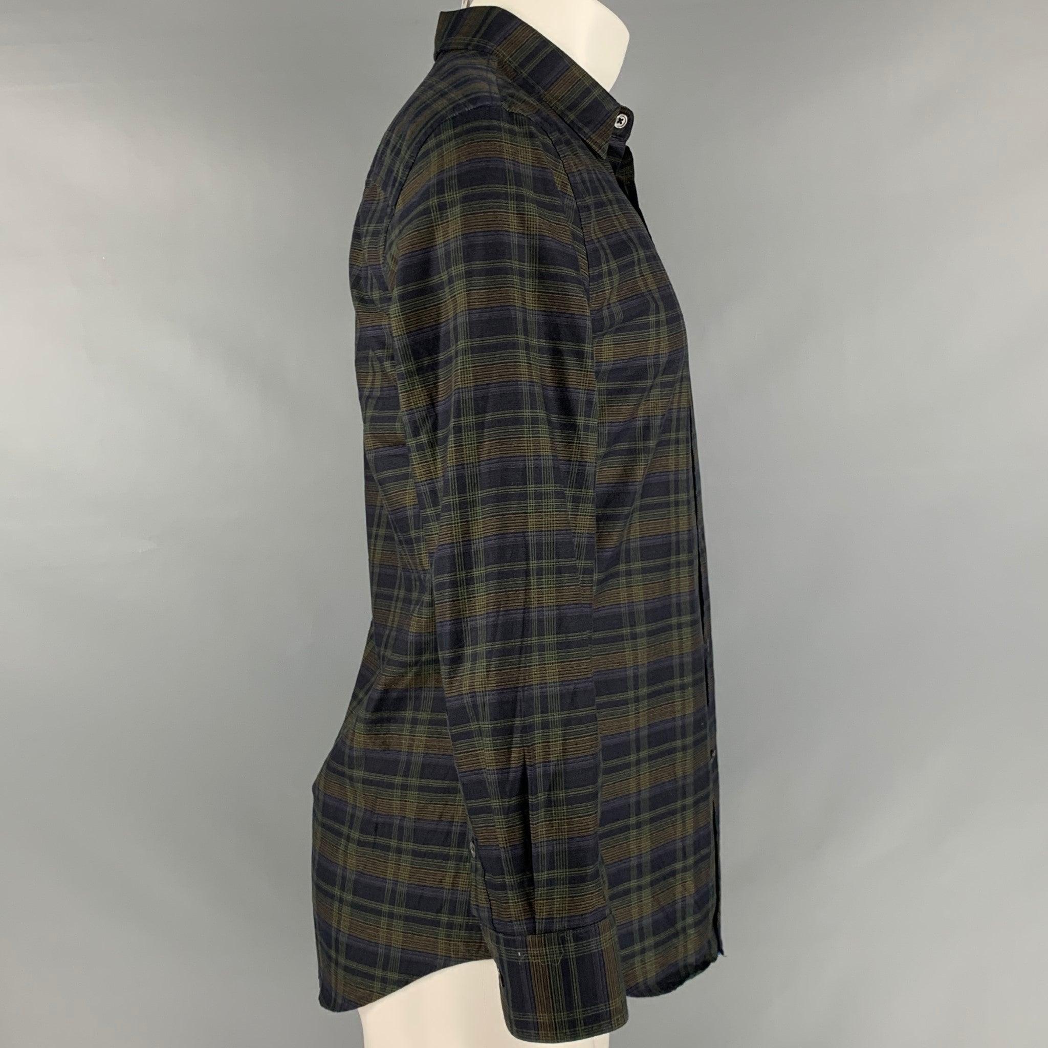 JOHN VARVATOS - Chemise à manches longues en coton à carreaux noirs et verts, taille S Excellent état - En vente à San Francisco, CA