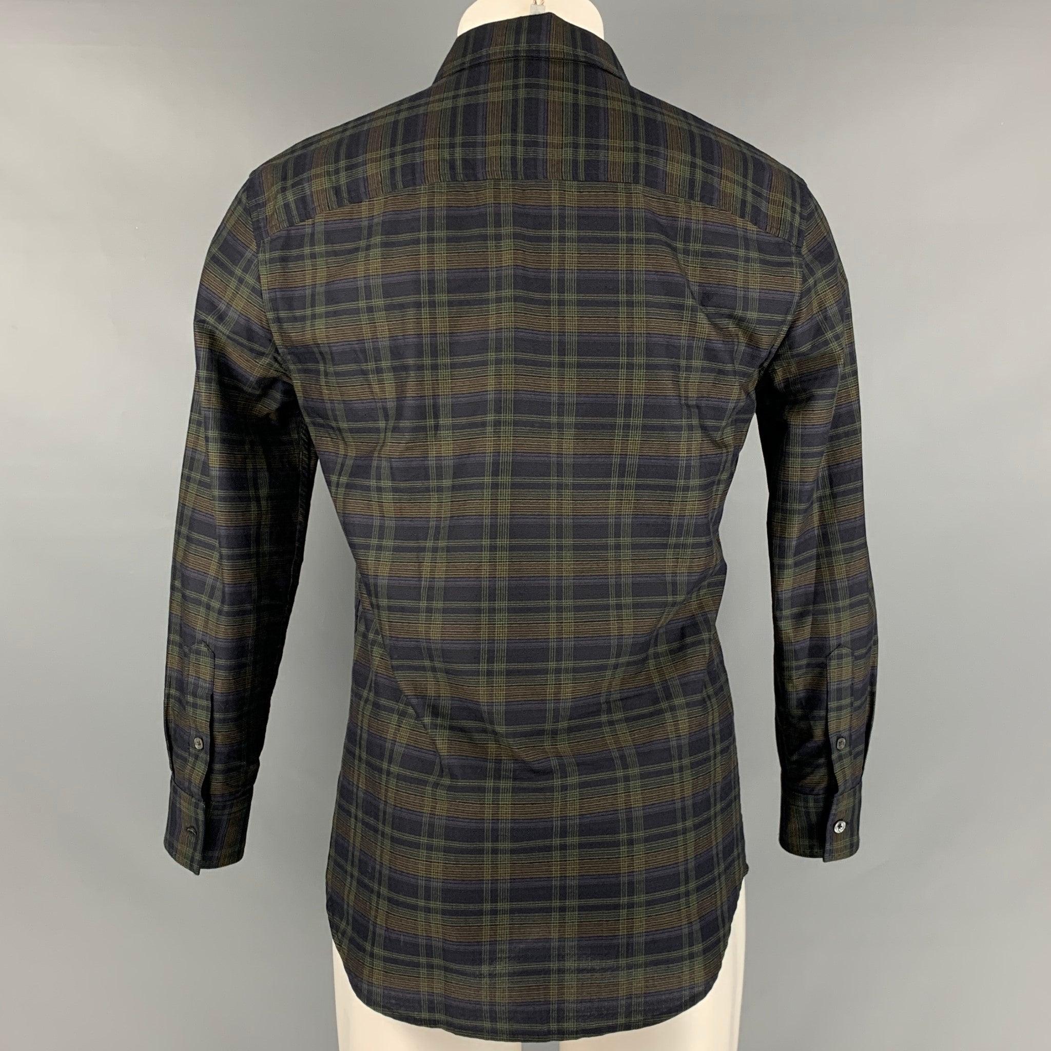 Men's JOHN VARVATOS Size S Black Green Plaid Cotton Long Sleeve Shirt For Sale