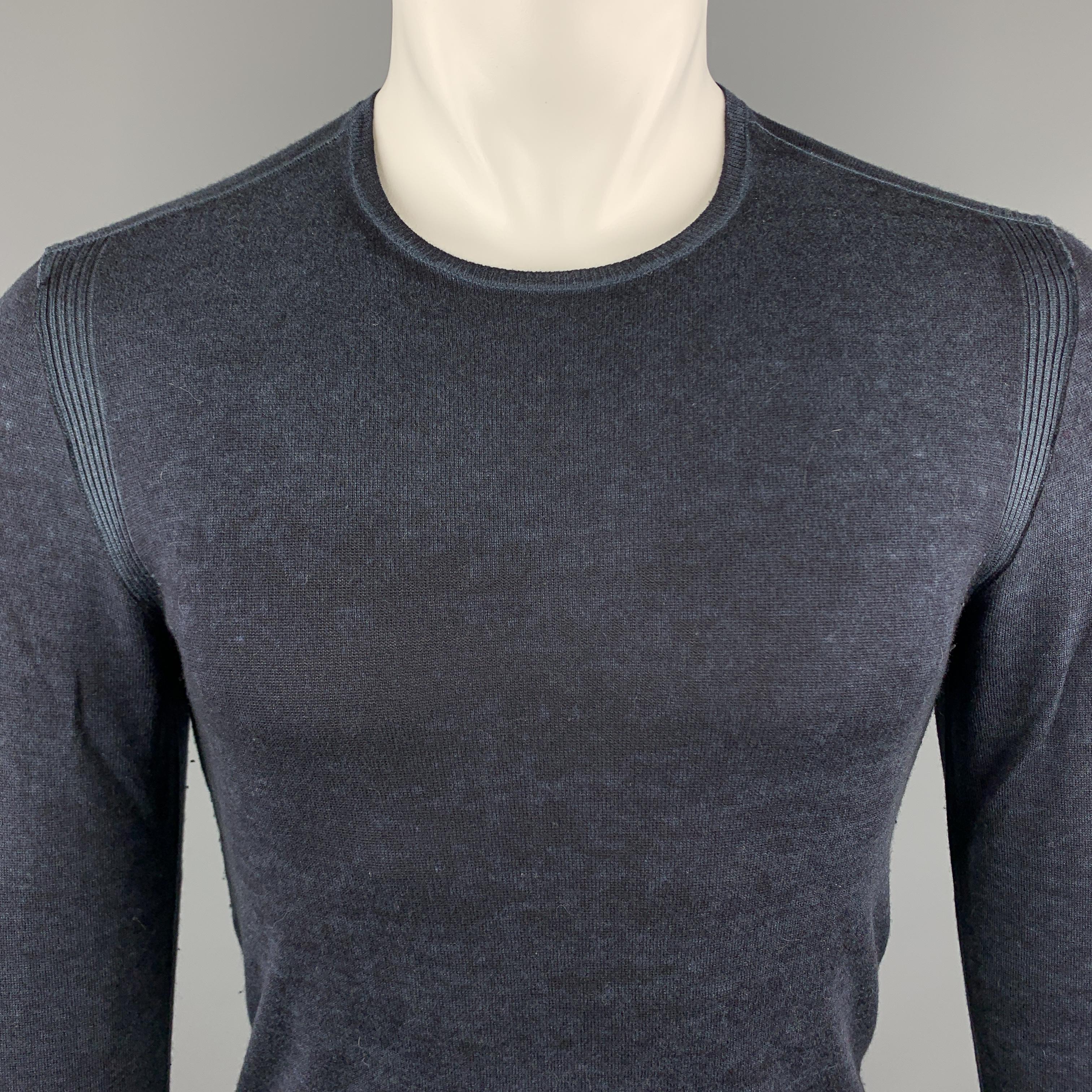 JOHN VARVATOS Pullover Sweater comes in black and navy silk / cashmere material, featuring a crewneck, distressed effect throughout, and ribbed cuffs and hem. 

Excellent Pre-Owned Condition.
Marked: S

Measurements:

Shoulder: 16.5 in. 
Chest: 36