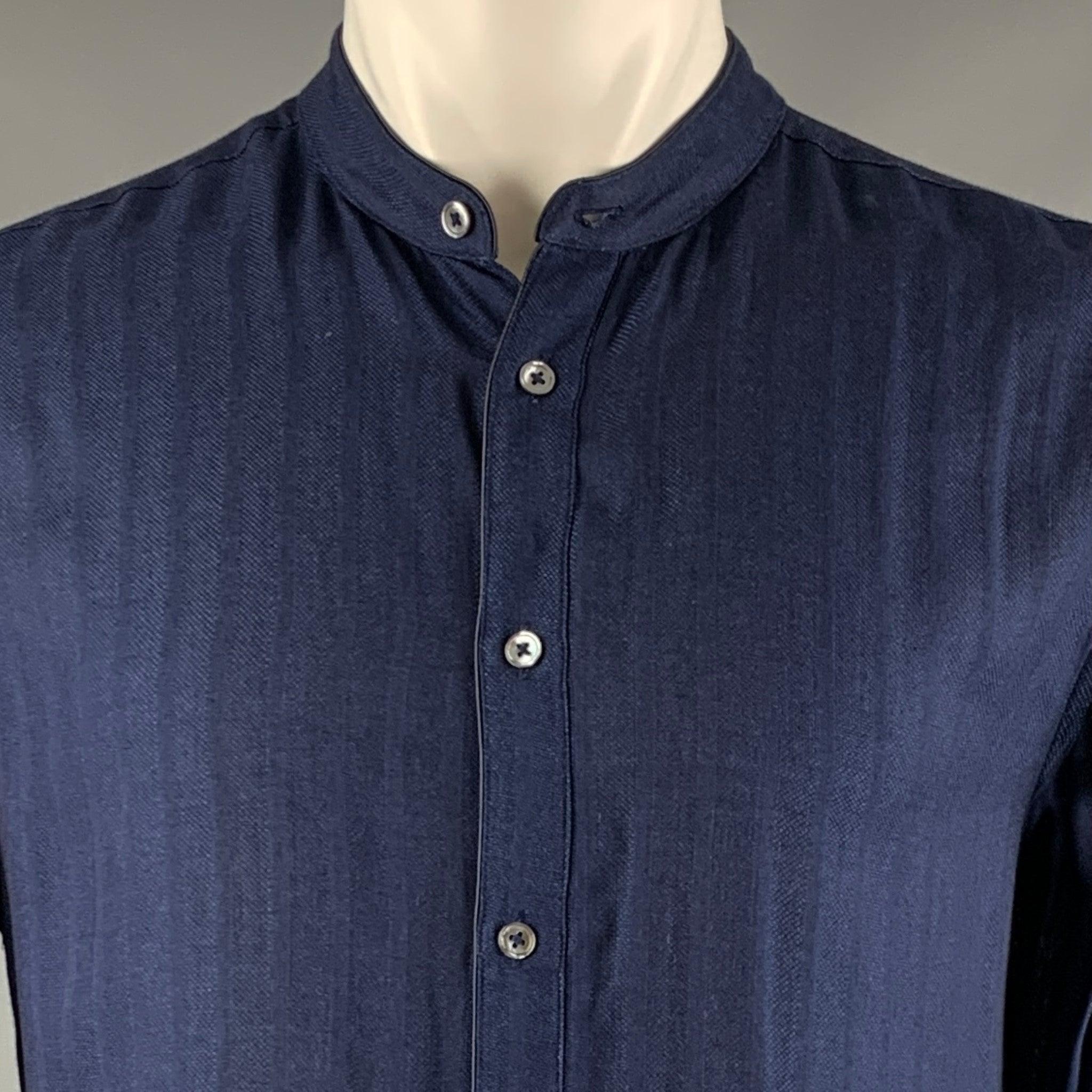 Men's JOHN VARVATOS Size S Blue Navy Textured Viscose Nehru Collar Long Sleeve Shirt For Sale