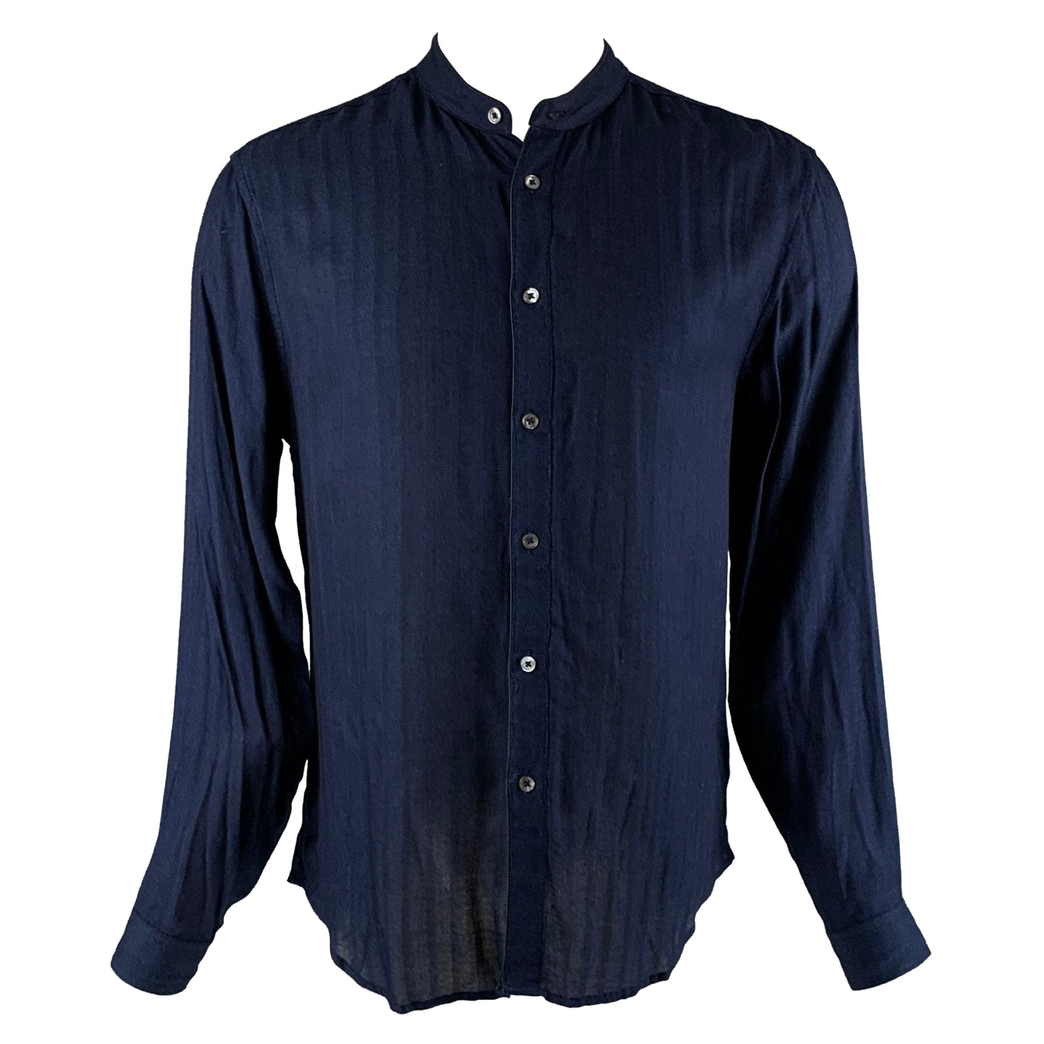 JOHN VARVATOS Größe S Blau Marineblaues langärmeliges Hemd aus strukturiertem Viskose mit Nehru-Kragen