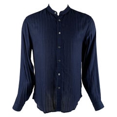 JOHN VARVATOS Größe S Blau Marineblaues langärmeliges Hemd aus strukturiertem Viskose mit Nehru-Kragen