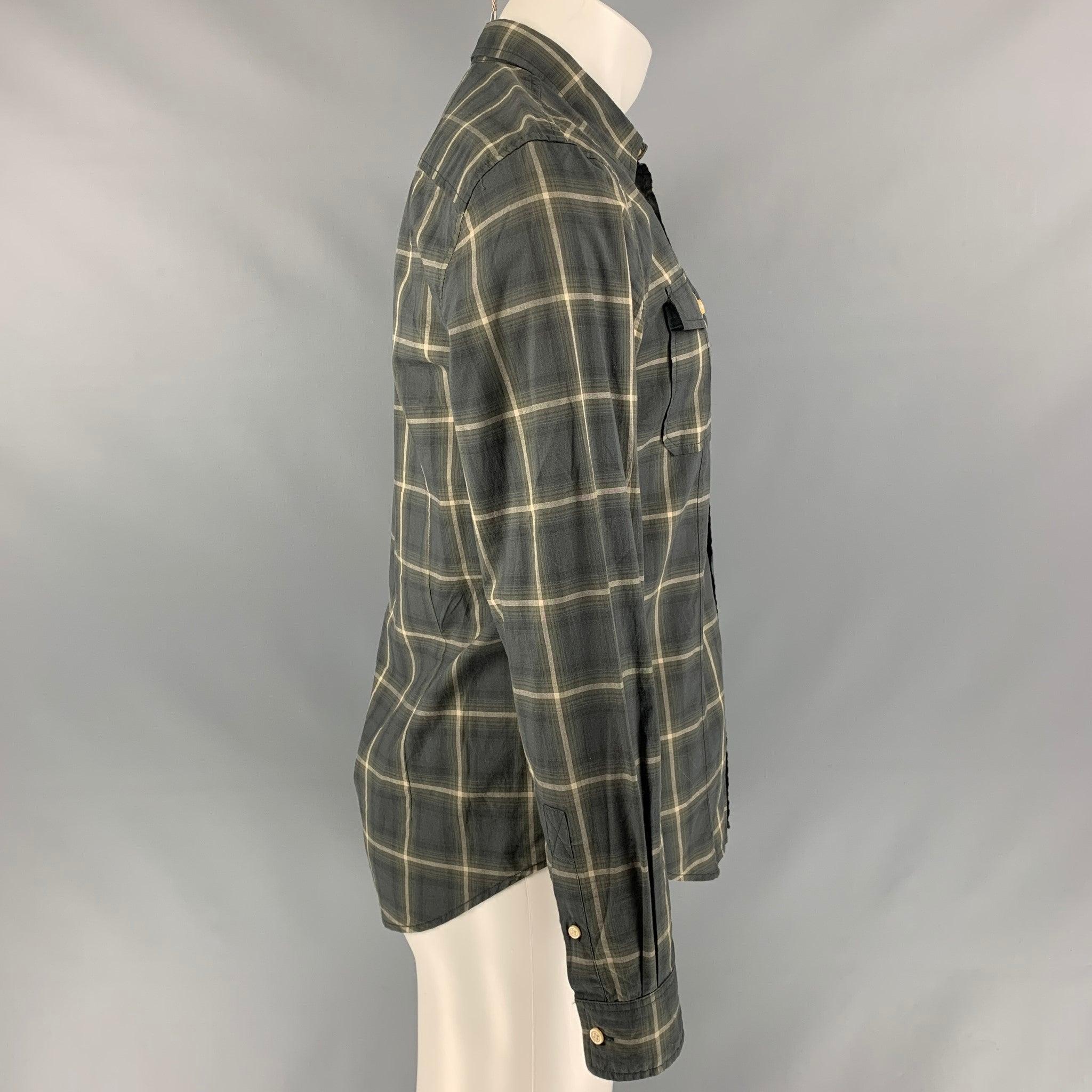 JOHN VARVATOS long sleeve shirt comes in green and grey plaid cotton featuring a straight collar, patch pockets, buttoned closure and one button square cuff. Excellent Pre-Owned Condition. 

Marked:   S 

Measurements: 
 
Shoulder: 18 inches Chest: