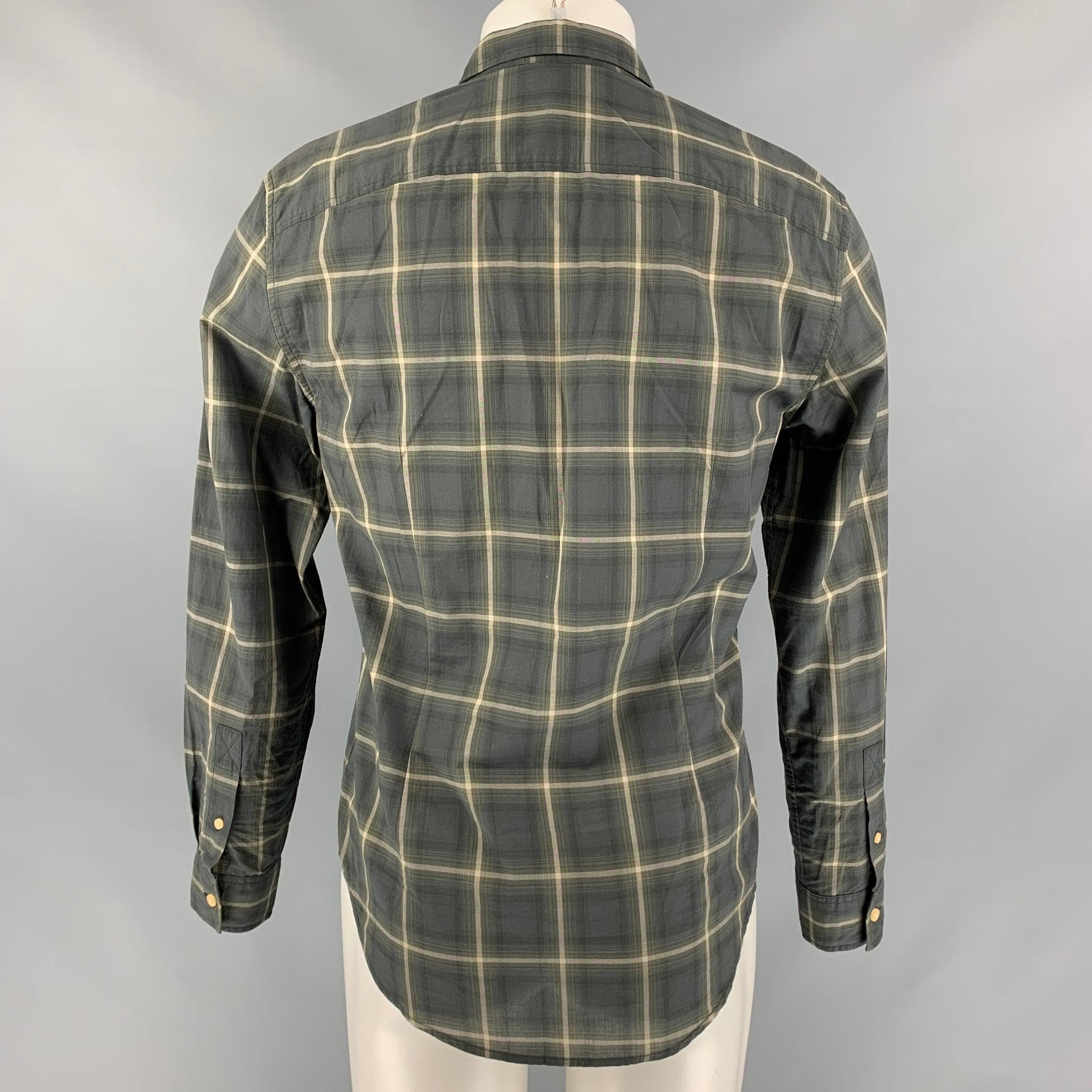 JOHN VARVATOS Size S Green & Grey Plaid Cotton Button Up Long Sleeve Shirt In Excellent Condition For Sale In San Francisco, CA