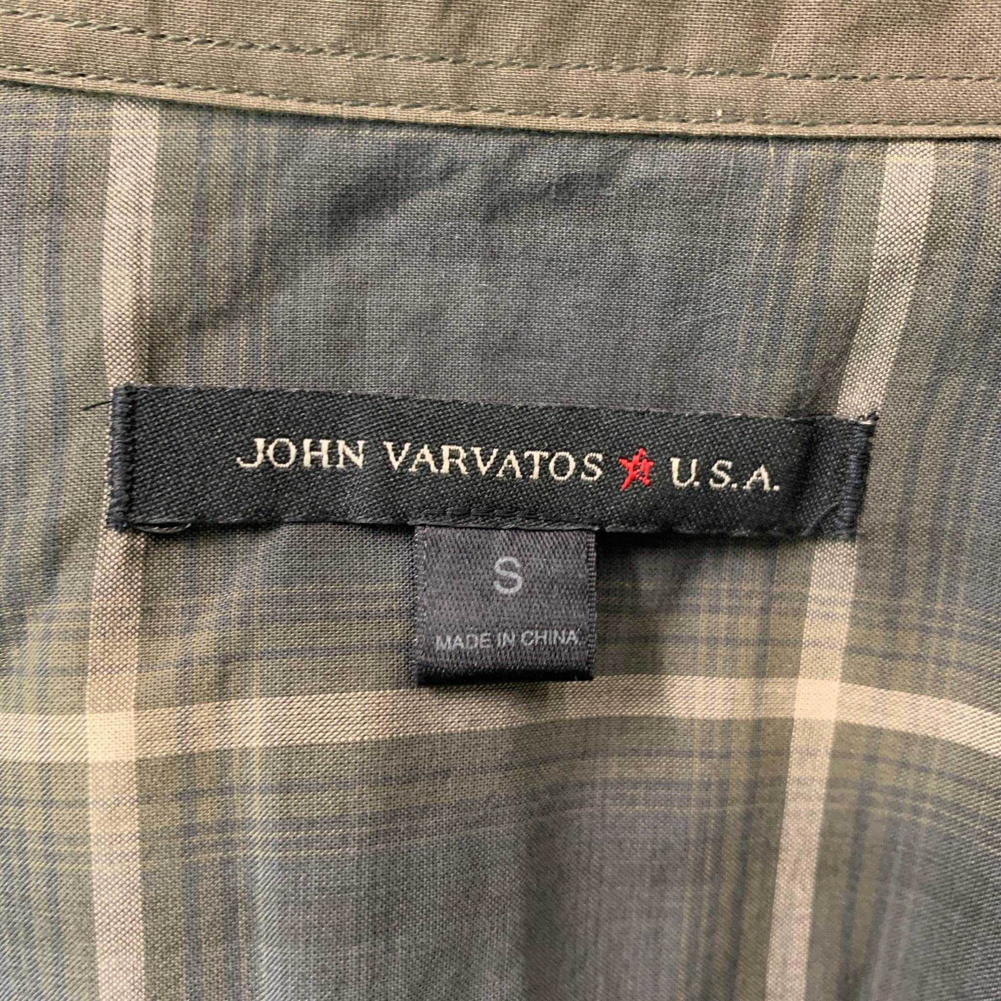 Men's JOHN VARVATOS Size S Green & Grey Plaid Cotton Button Up Long Sleeve Shirt For Sale