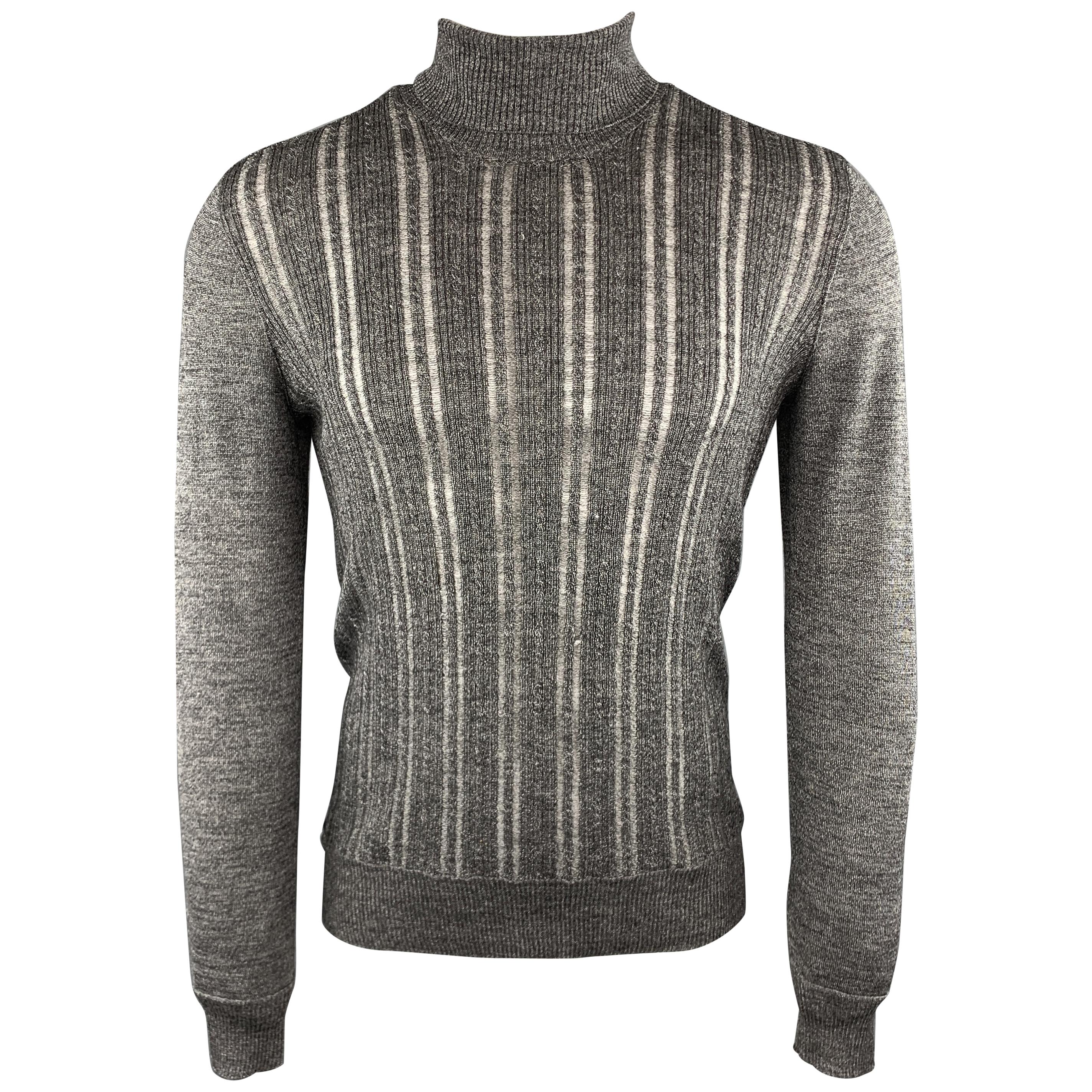 JOHN VARVATOS Size S Ribbed Gray Wool Blend Burnout Stripe Turtleneck Sweater